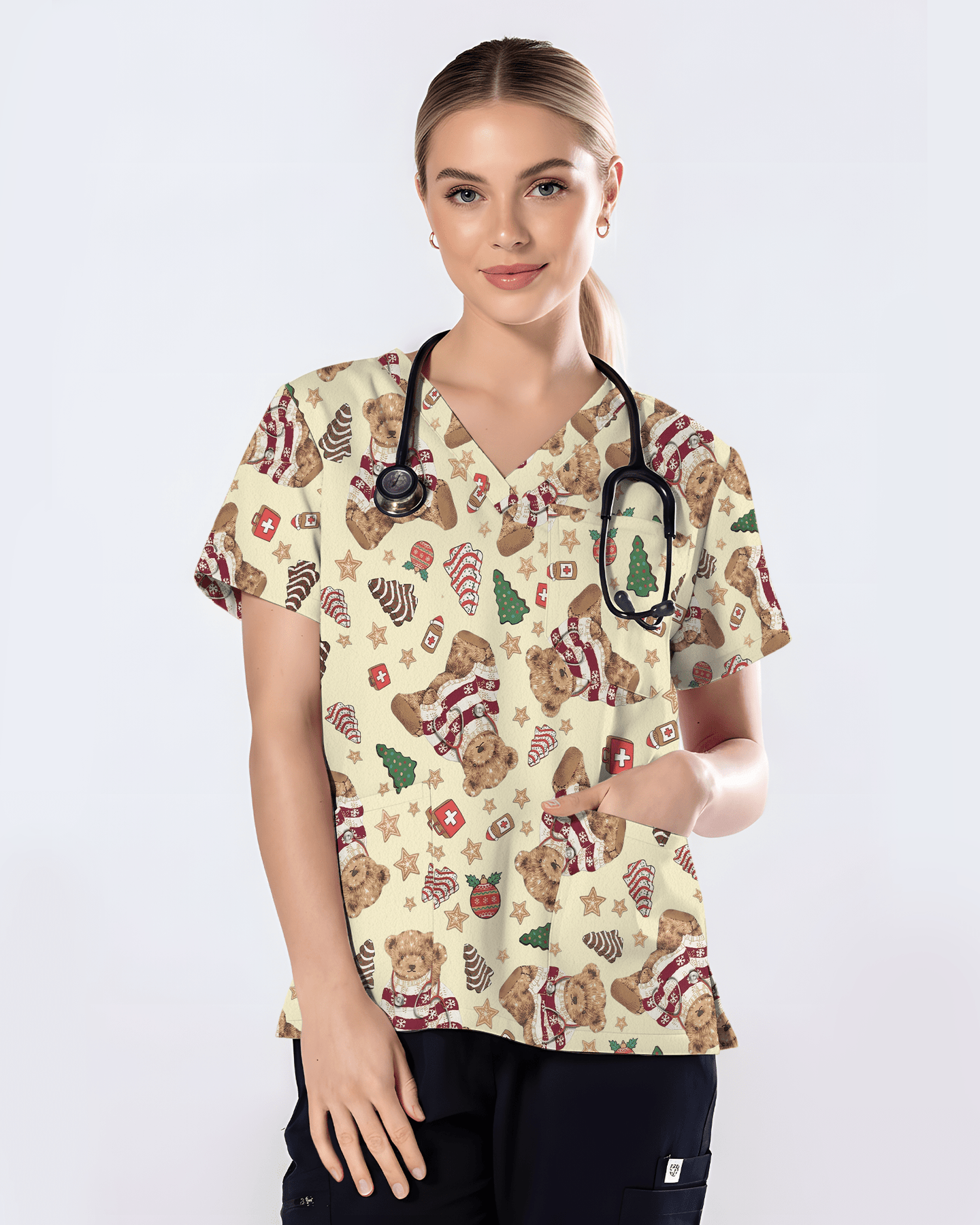 Cute Christmas Teddy Bear Medical Scrub Top - Scrubloop