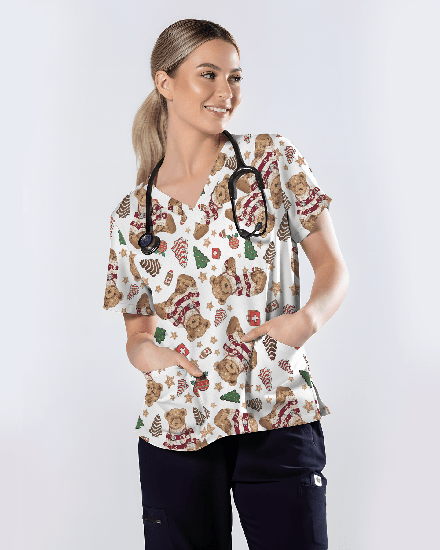 Cute Christmas Teddy Bear Medical Scrub Top - Scrubloop