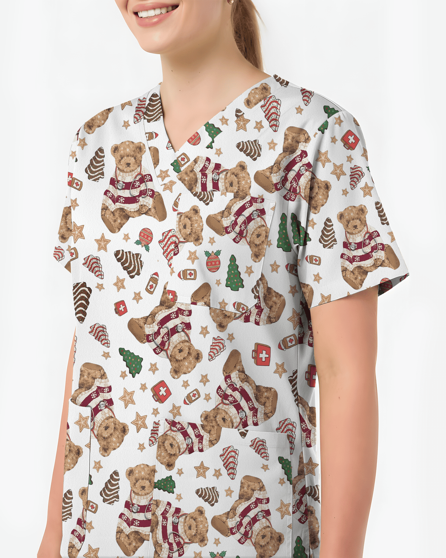 Cute Christmas Teddy Bear Medical Scrub Top - Scrubloop