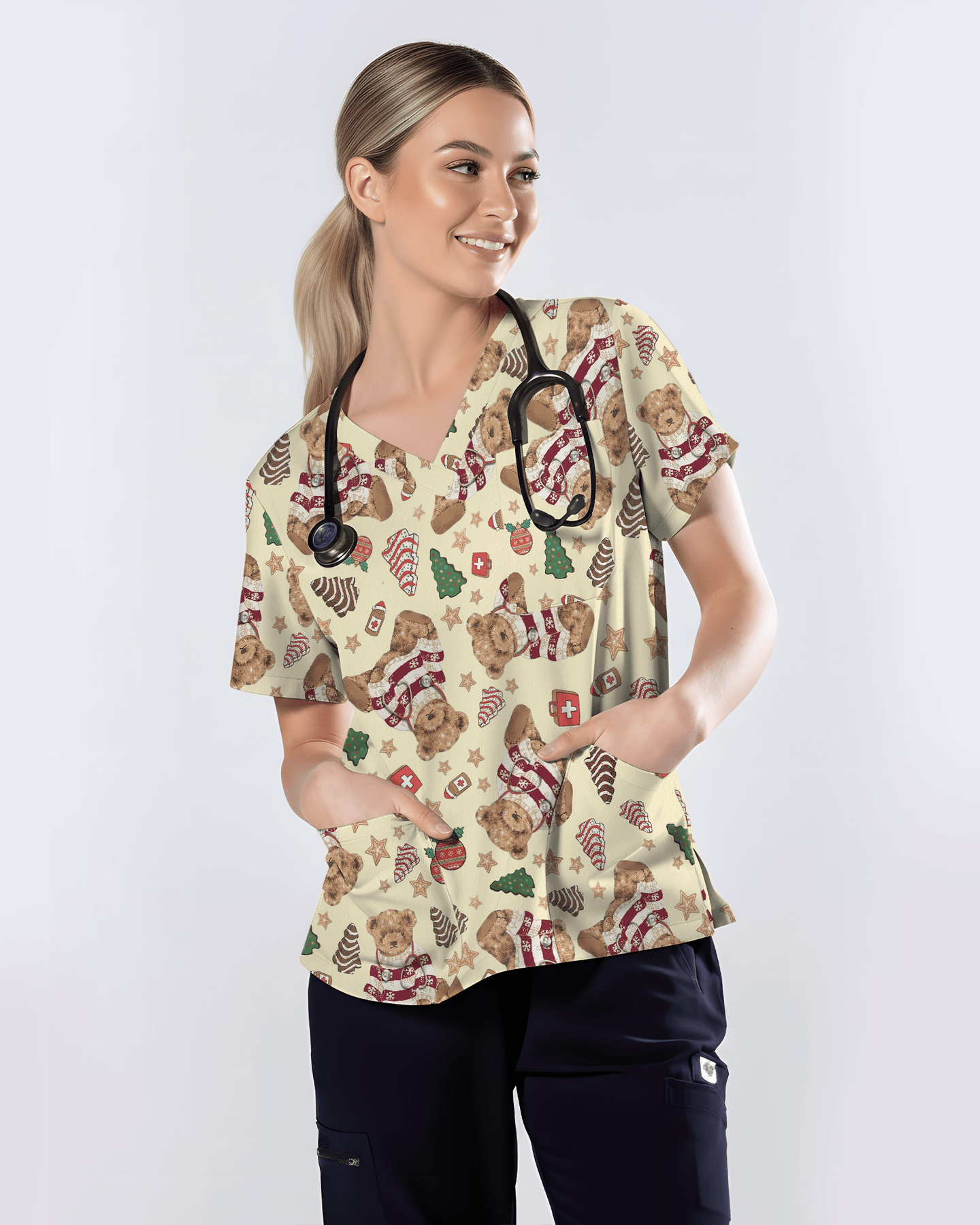 Cute Christmas Teddy Bear Medical Scrub Top - Scrubloop