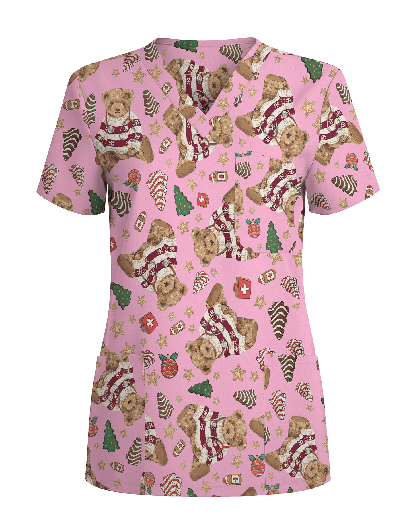 Cute Christmas Teddy Bear Medical Scrub Top - Scrubloop