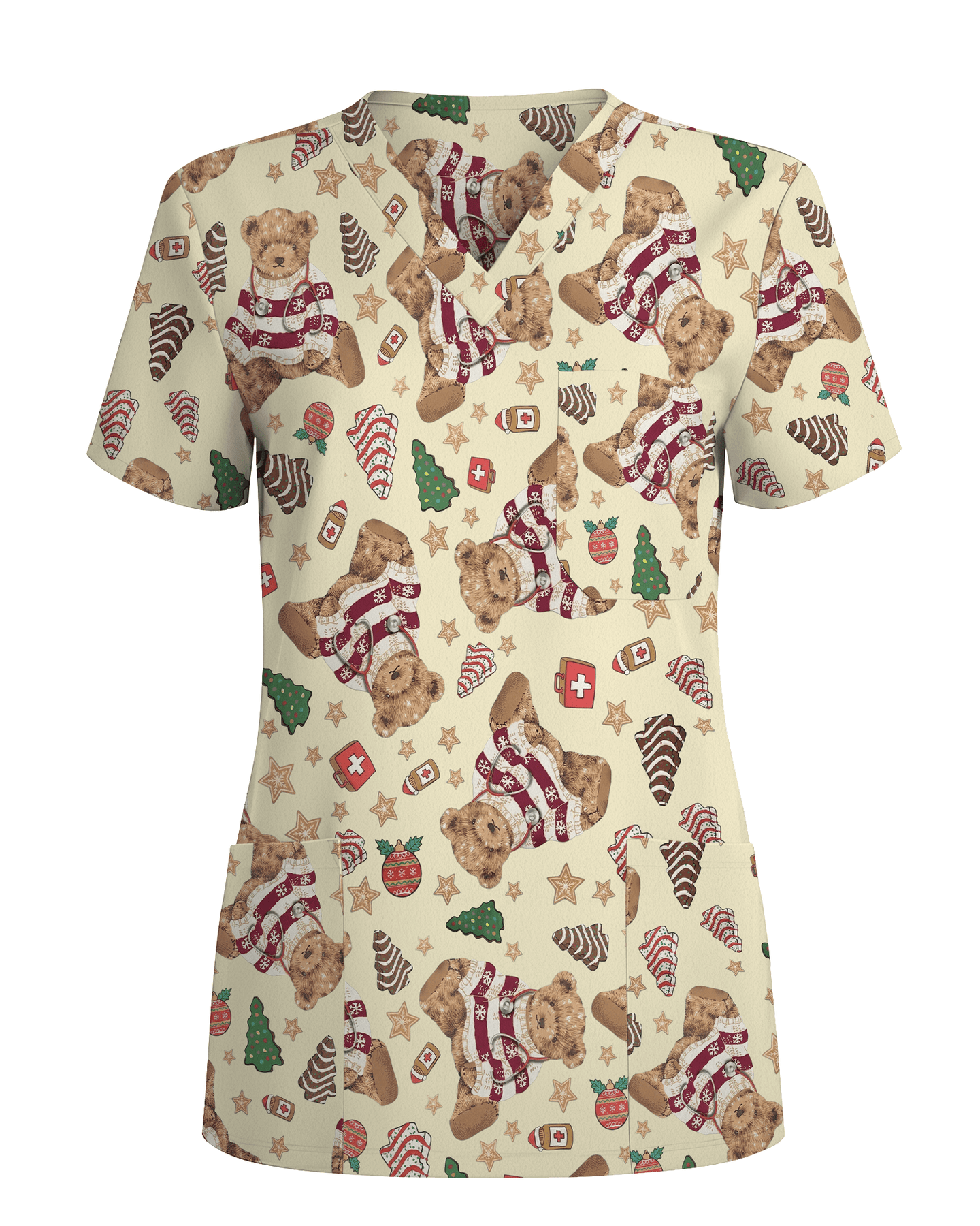 Cute Christmas Teddy Bear Medical Scrub Top - Scrubloop