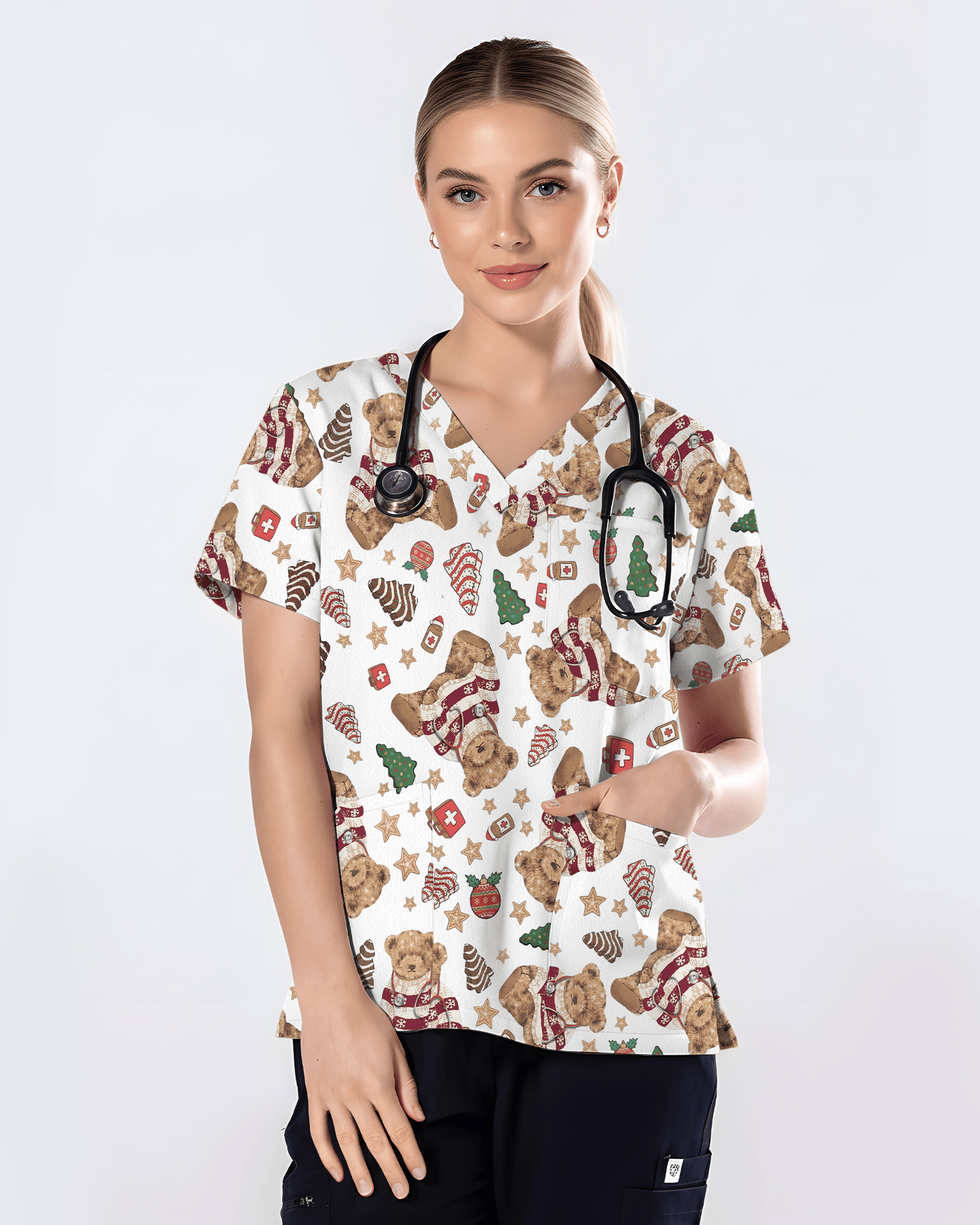 Cute Christmas Teddy Bear Medical Scrub Top - Scrubloop