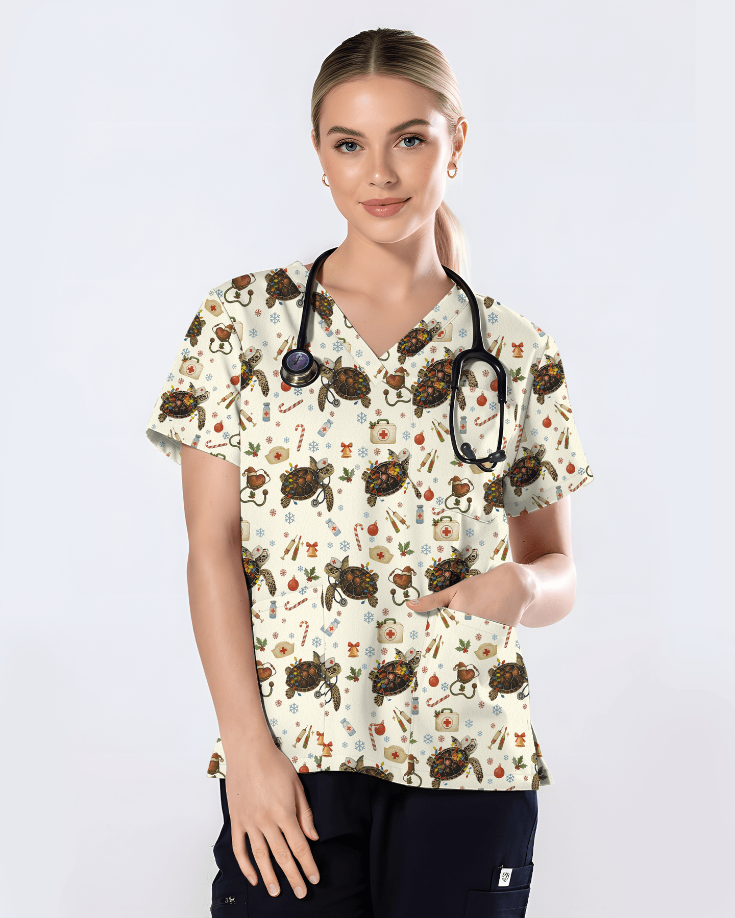 Cute Christmas Turtle Medical Scrub Top - Scrubloop