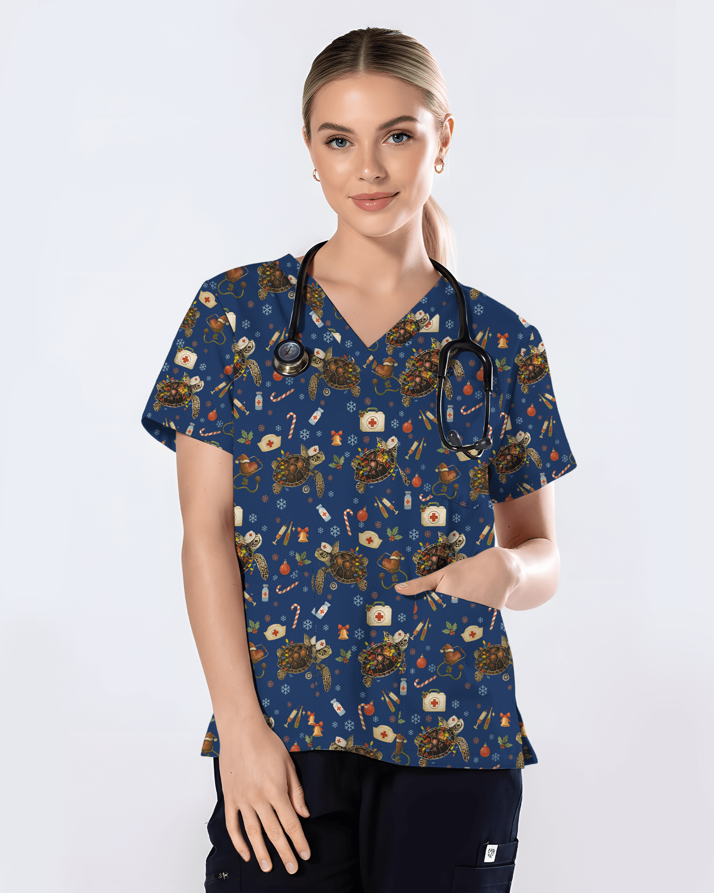 Cute Christmas Turtle Medical Scrub Top - Scrubloop