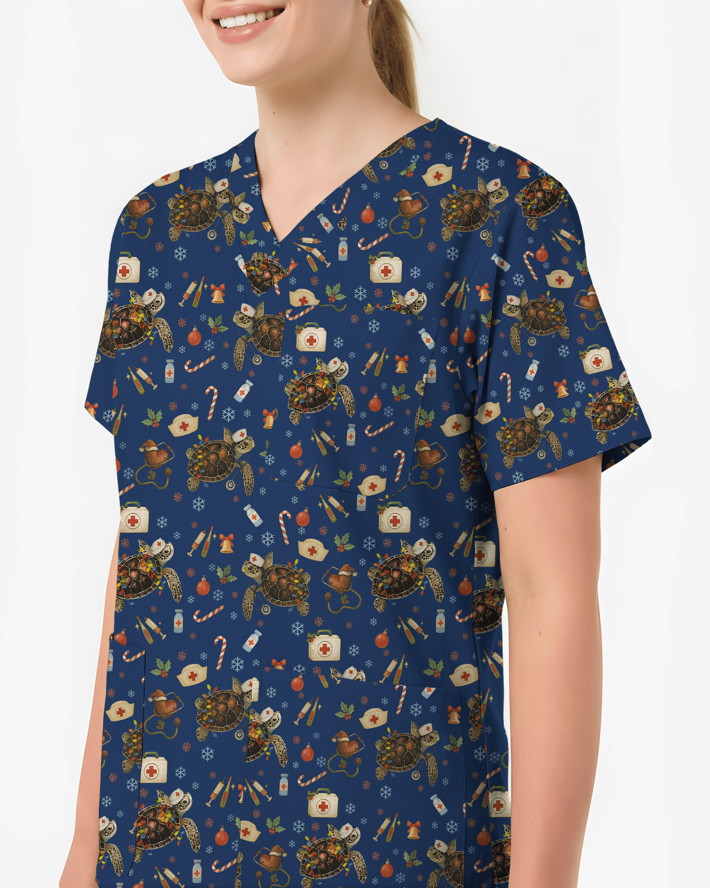 Cute Christmas Turtle Medical Scrub Top - Scrubloop