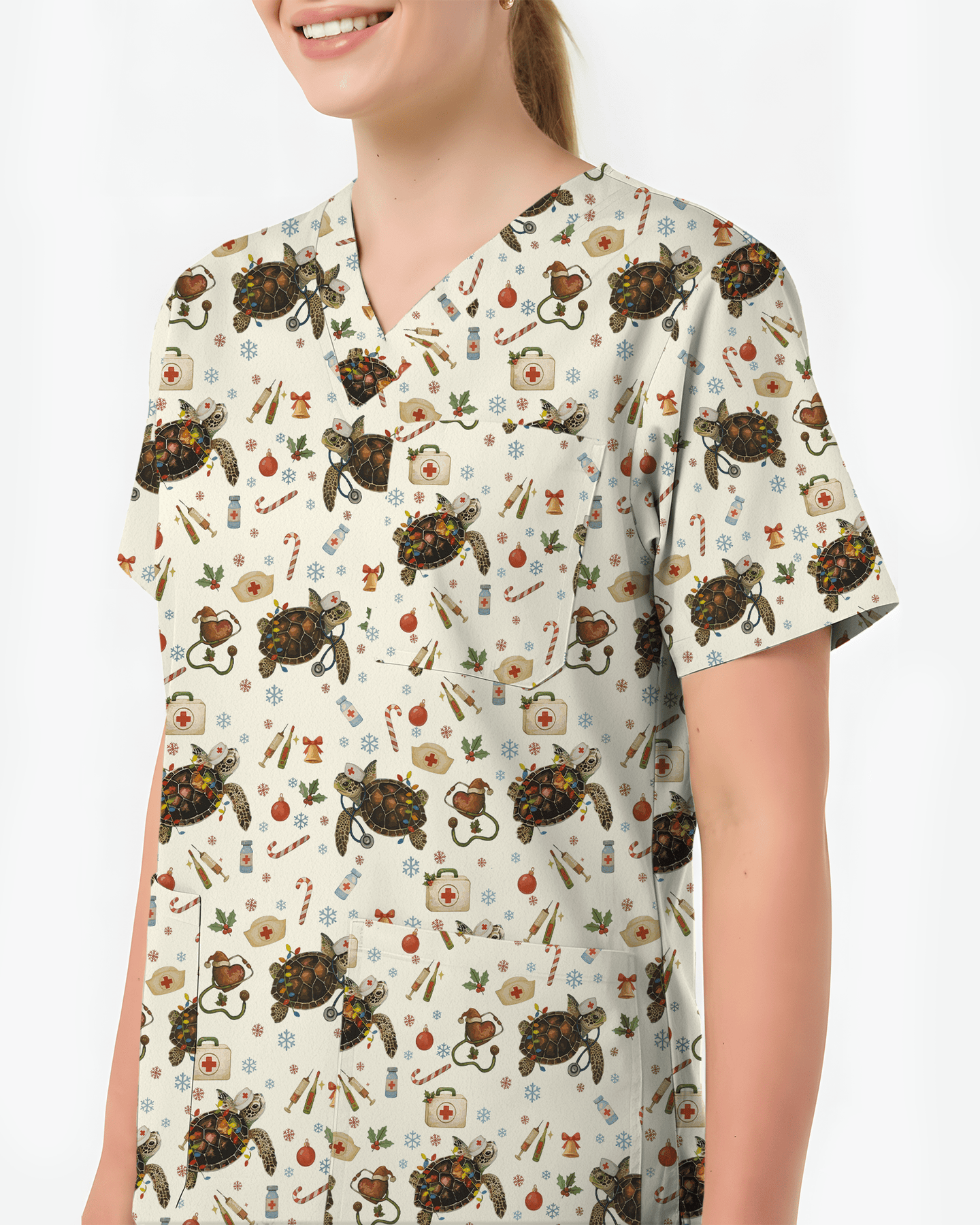 Cute Christmas Turtle Medical Scrub Top - Scrubloop