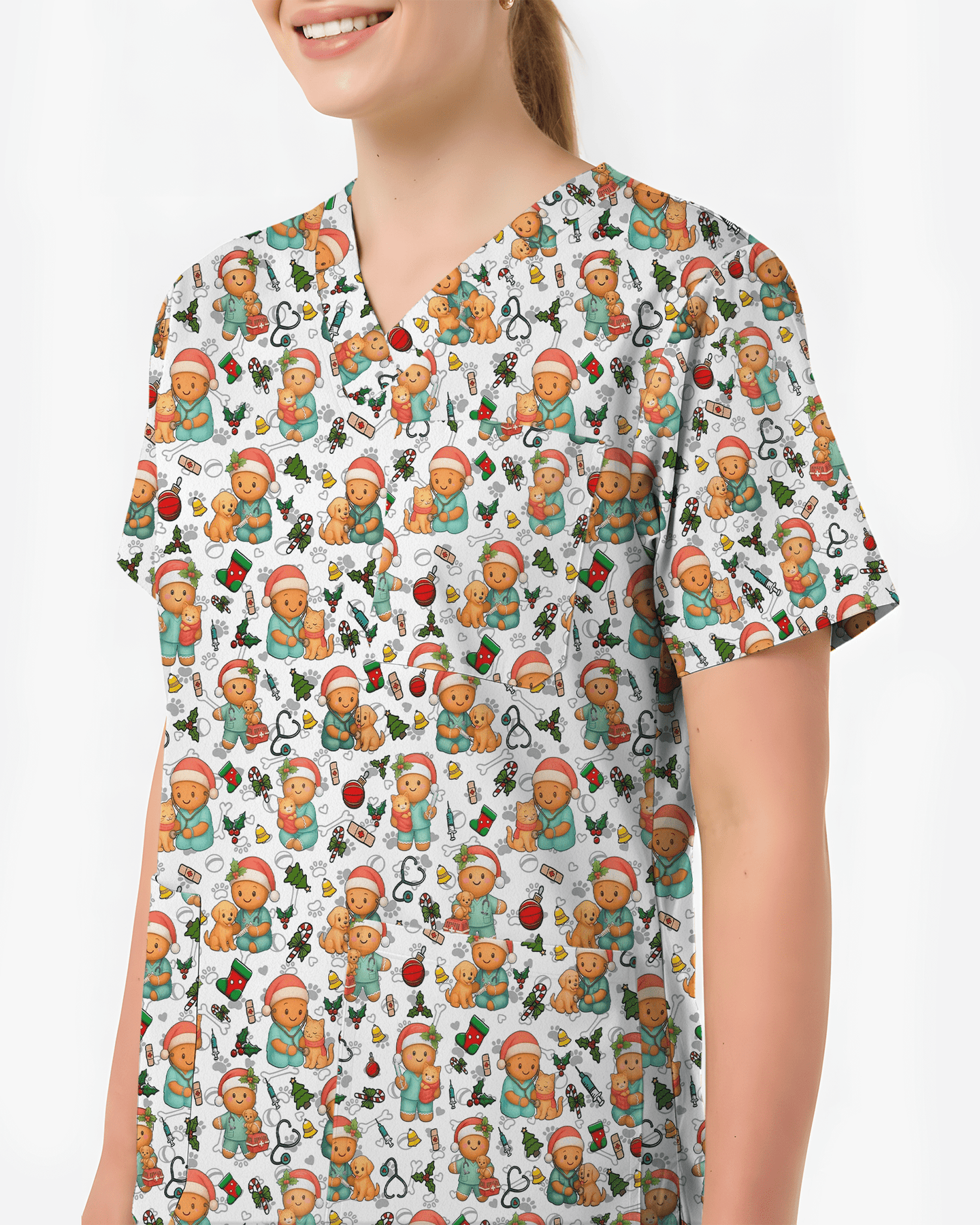 Cute Christmas Vet Tech Nursing Scrub Top - Scrubloop