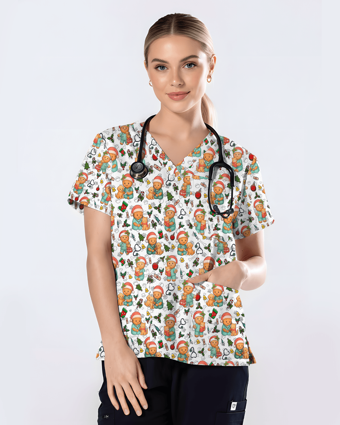 Cute Christmas Vet Tech Nursing Scrub Top - Scrubloop