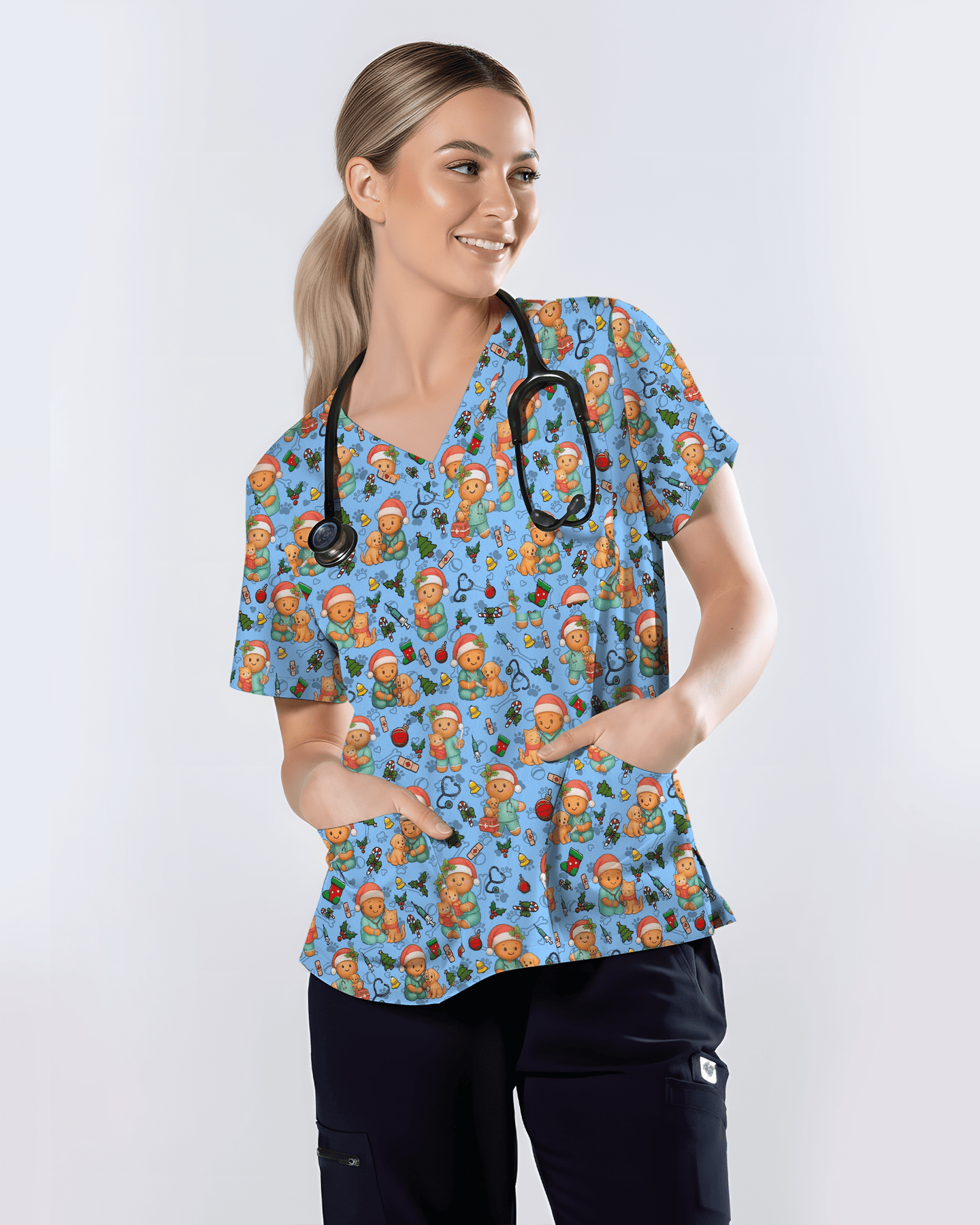 Cute Christmas Vet Tech Nursing Scrub Top - Scrubloop