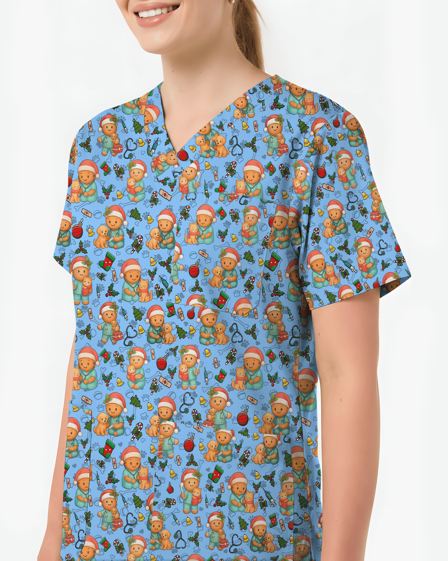 Cute Christmas Vet Tech Nursing Scrub Top - Scrubloop