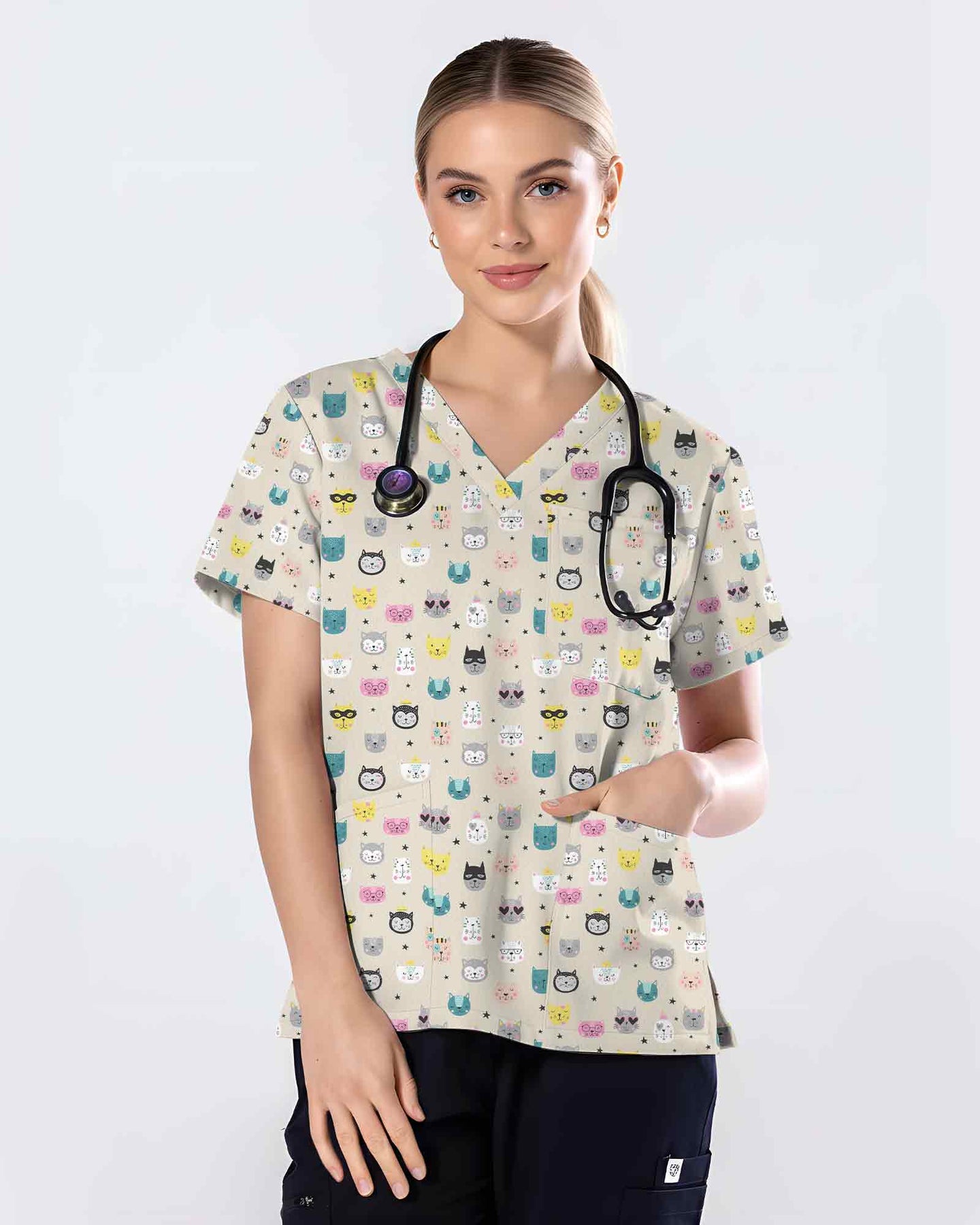 Cute Colorful Cat Scrub Top - Scrubloop