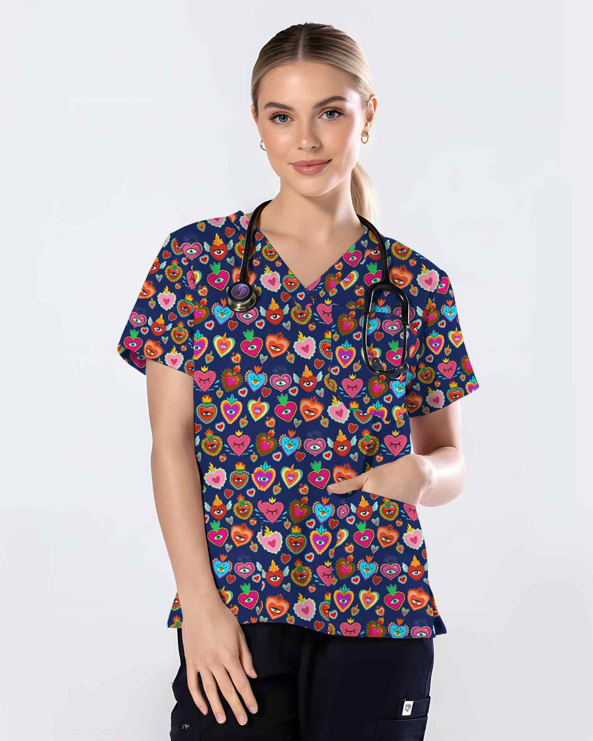 Cute Colorful Heart Print Scrub Top - Scrubloop