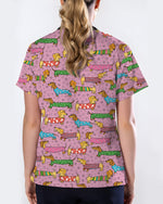 Cute Dachshund Cartoon Nurse Character Illustration Women Scrub Top - Scrubloop