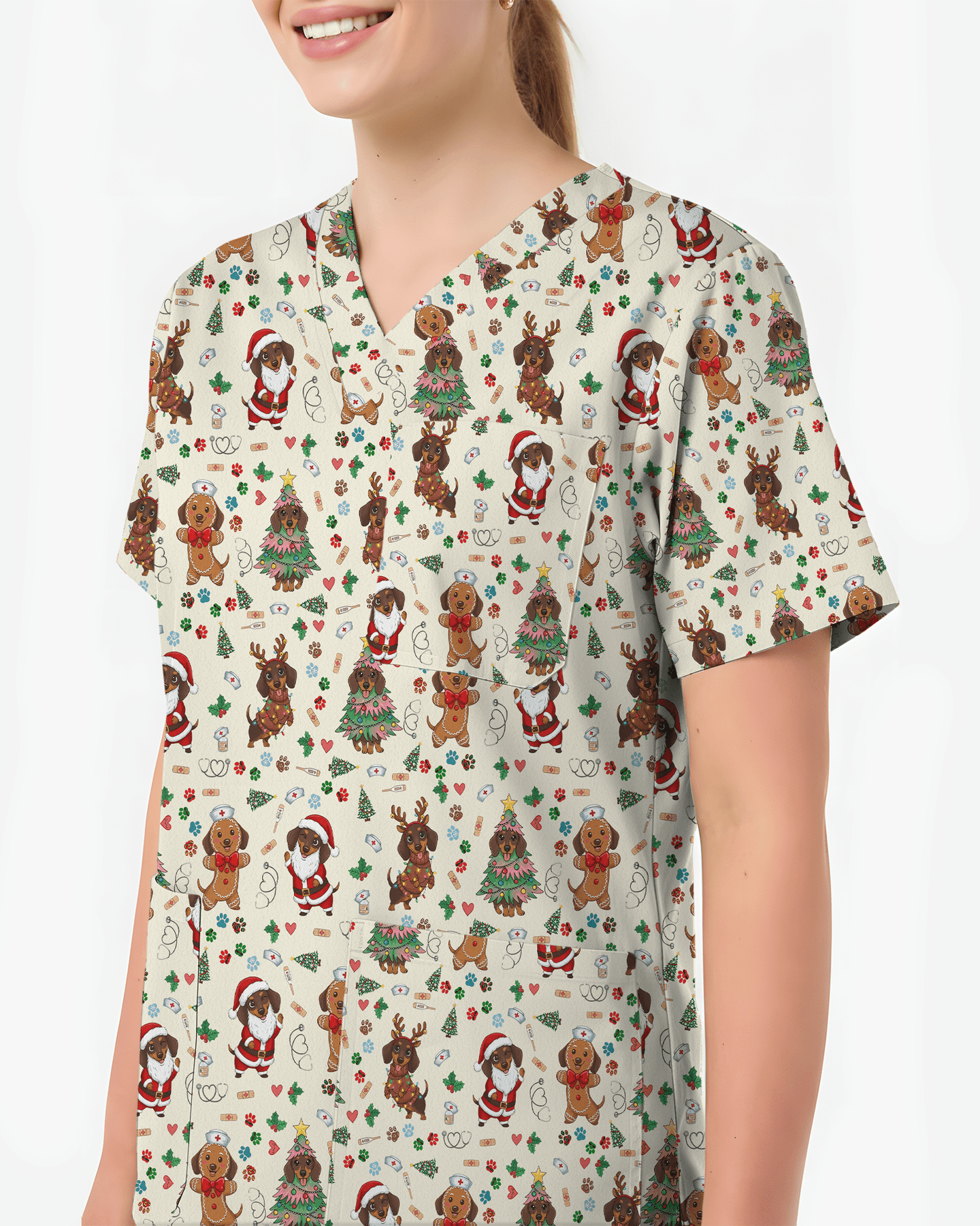 Cute Dachshund Christmas Medical Nurse Scrub Top - Scrubloop