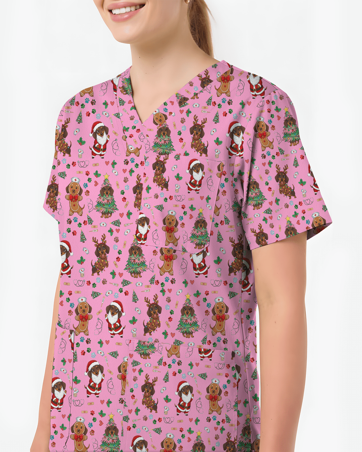 Cute Dachshund Christmas Medical Nurse Scrub Top - Scrubloop
