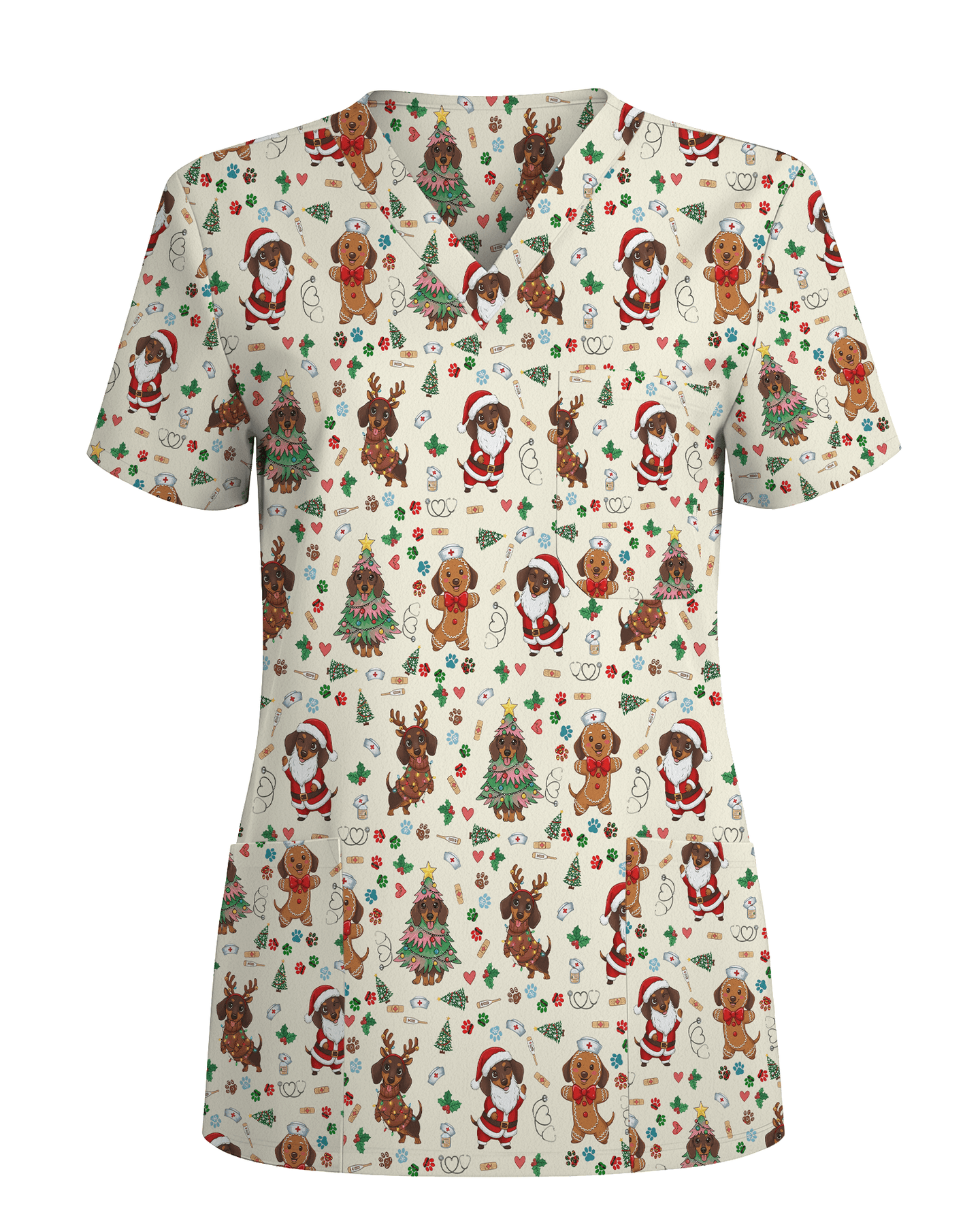 Cute Dachshund Christmas Medical Nurse Scrub Top - Scrubloop