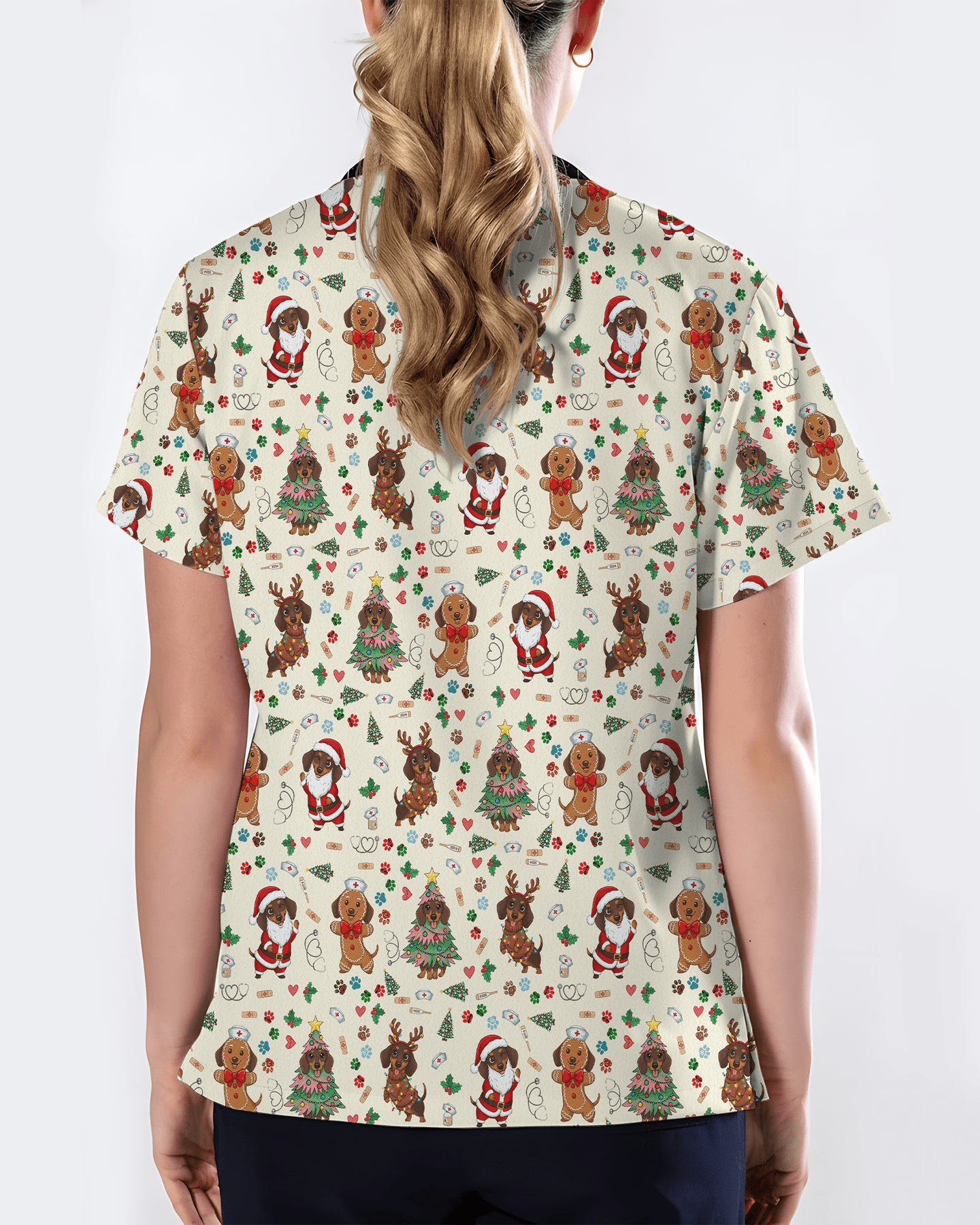 Cute Dachshund Christmas Medical Nurse Scrub Top - Scrubloop