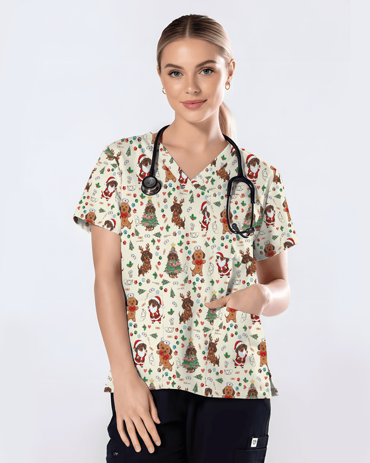 Cute Dachshund Christmas Medical Nurse Scrub Top