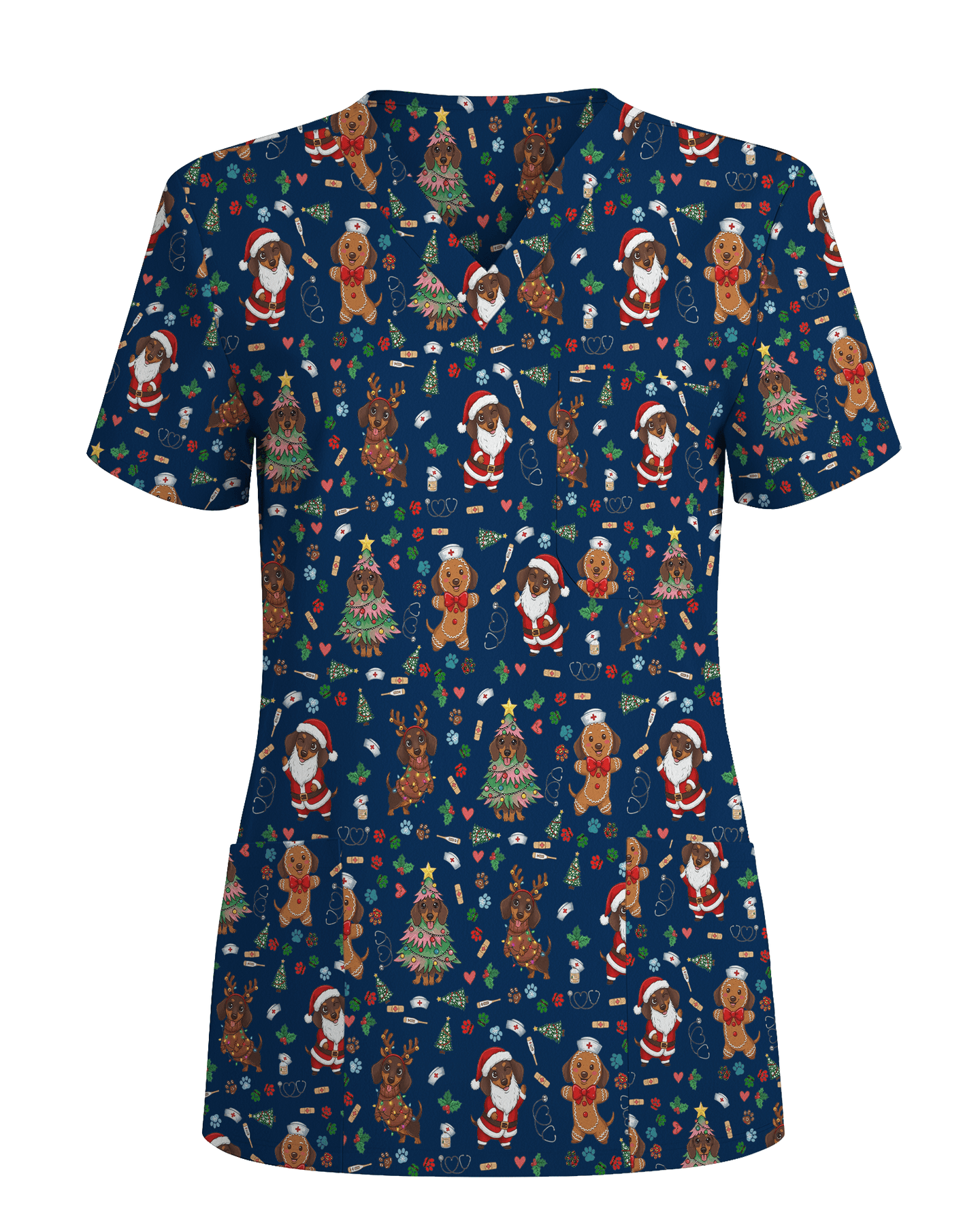 Cute Dachshund Christmas Medical Nurse Scrub Top - Scrubloop