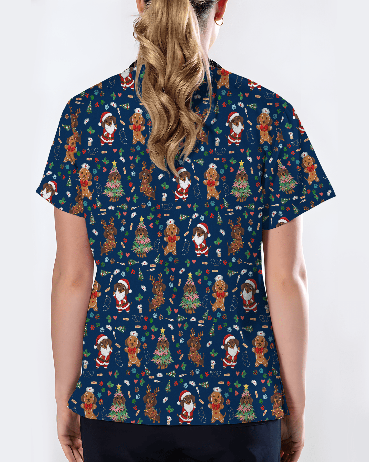 Cute Dachshund Christmas Medical Nurse Scrub Top - Scrubloop