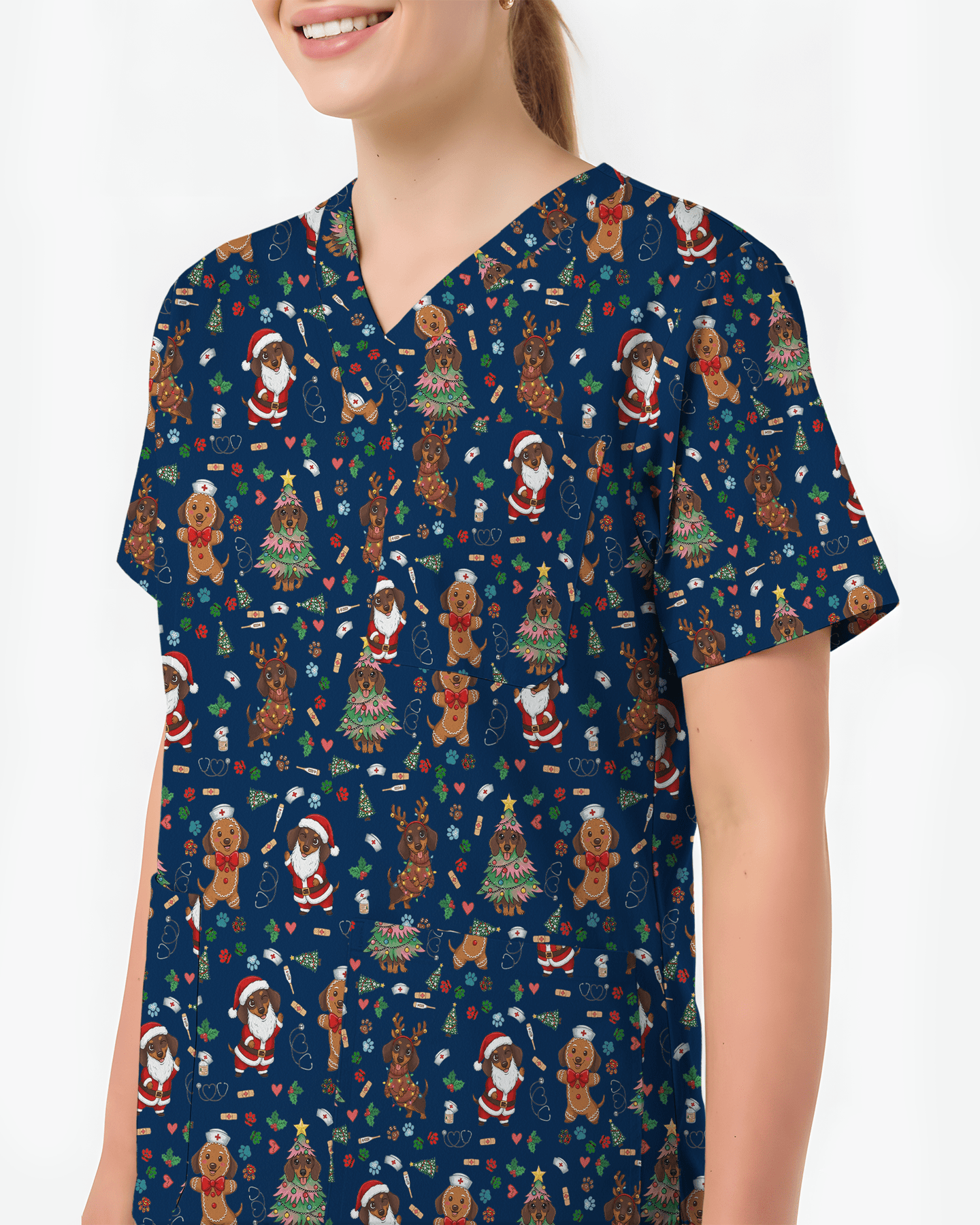 Cute Dachshund Christmas Medical Nurse Scrub Top - Scrubloop