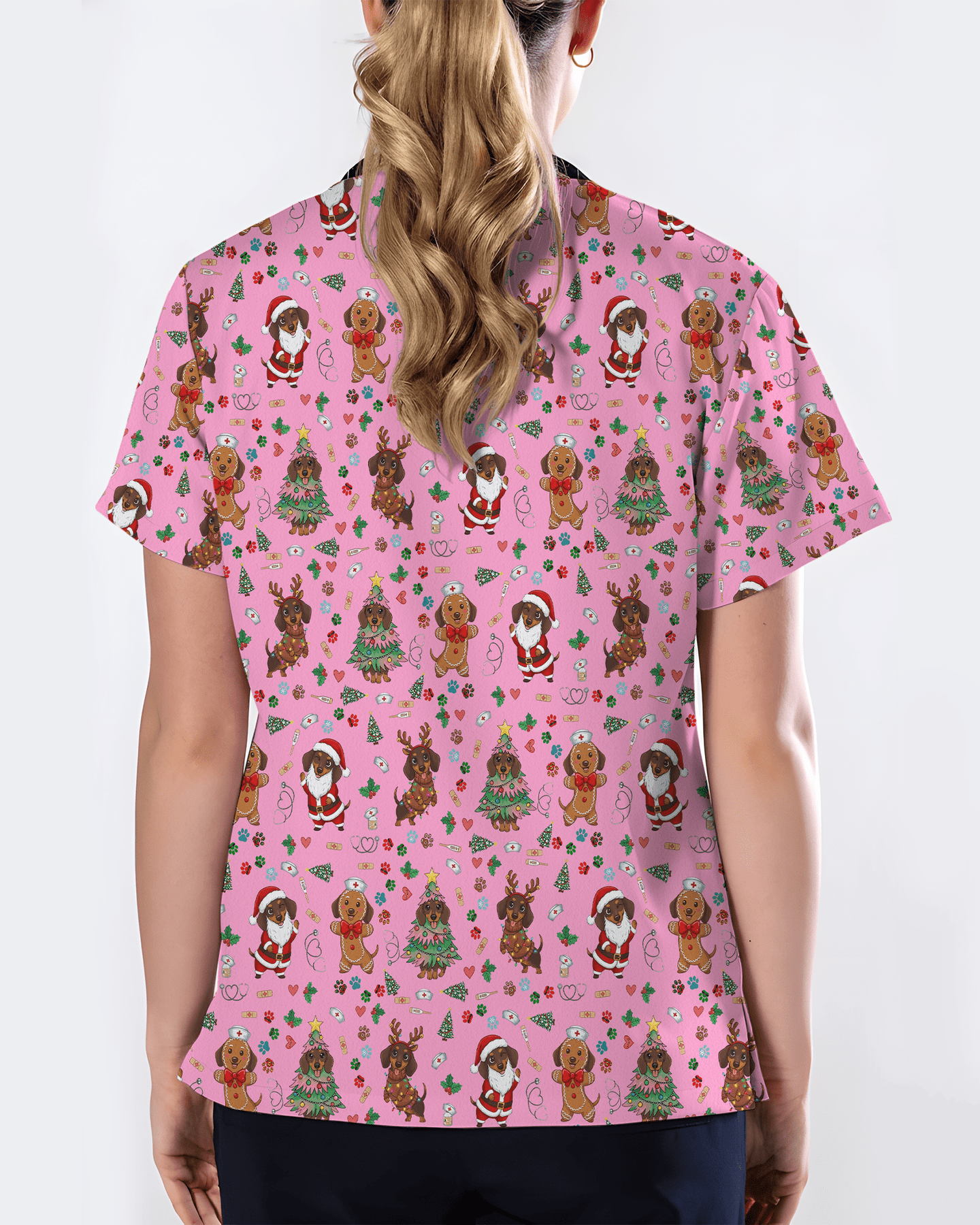 Cute Dachshund Christmas Medical Nurse Scrub Top - Scrubloop