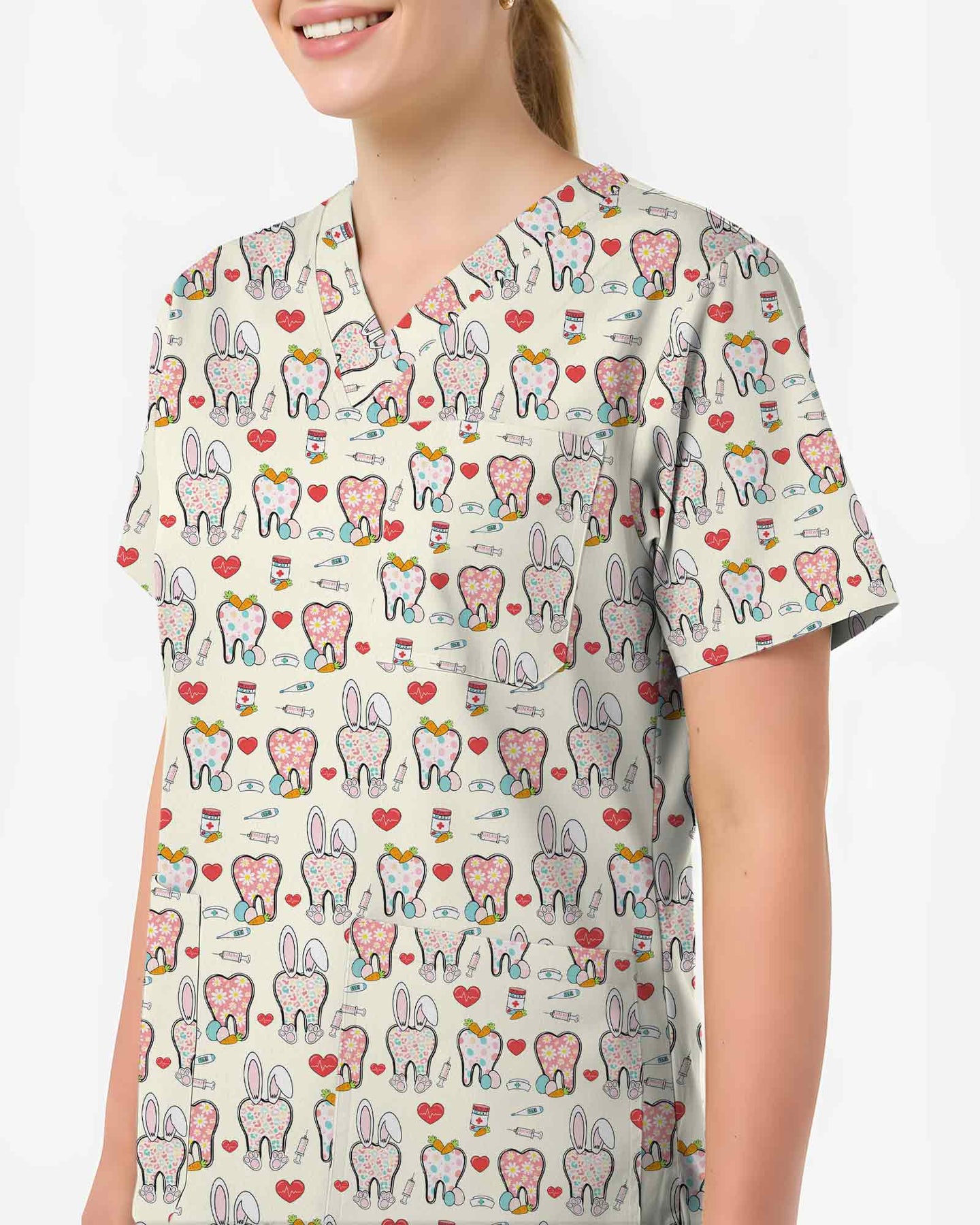 Cute Dental Tooth Bunny Ears Nursing Scrub Top - Scrubloop