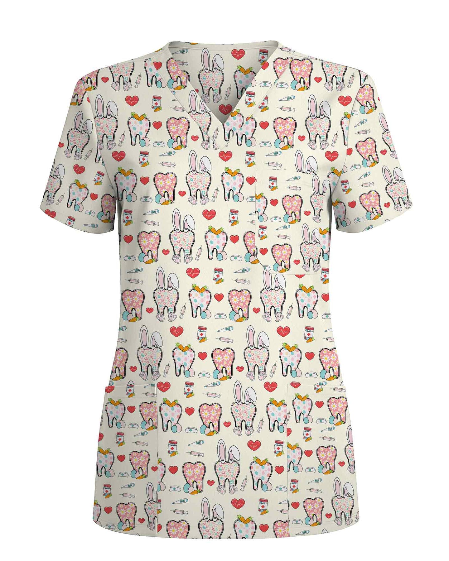 Cute Dental Tooth Bunny Ears Nursing Scrub Top - Scrubloop
