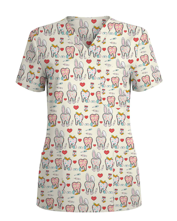 Cute Dental Tooth Bunny Ears Nursing Scrub Top