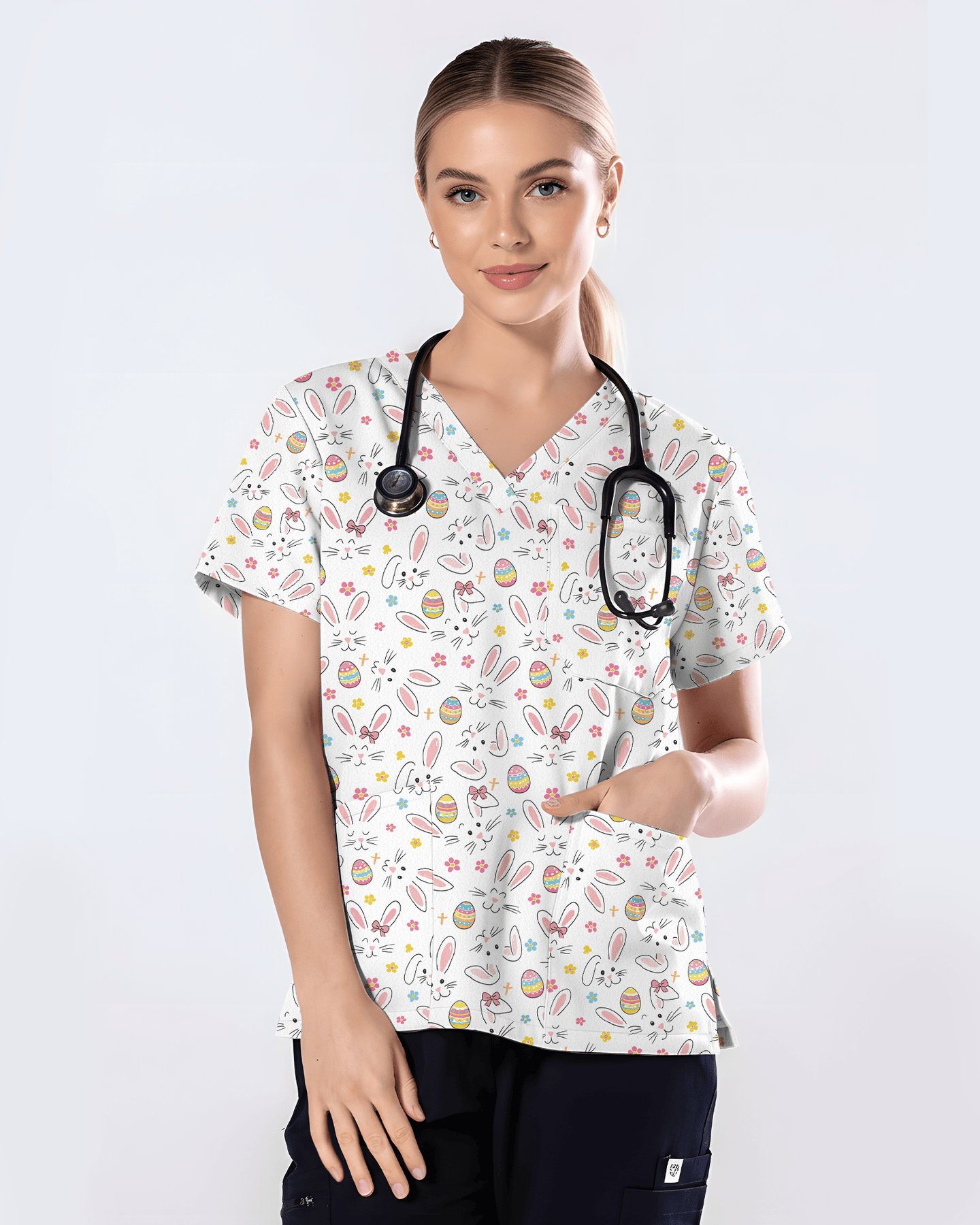 Cute Easter Bunny Doodle Nurse Scrub Top - Scrubloop