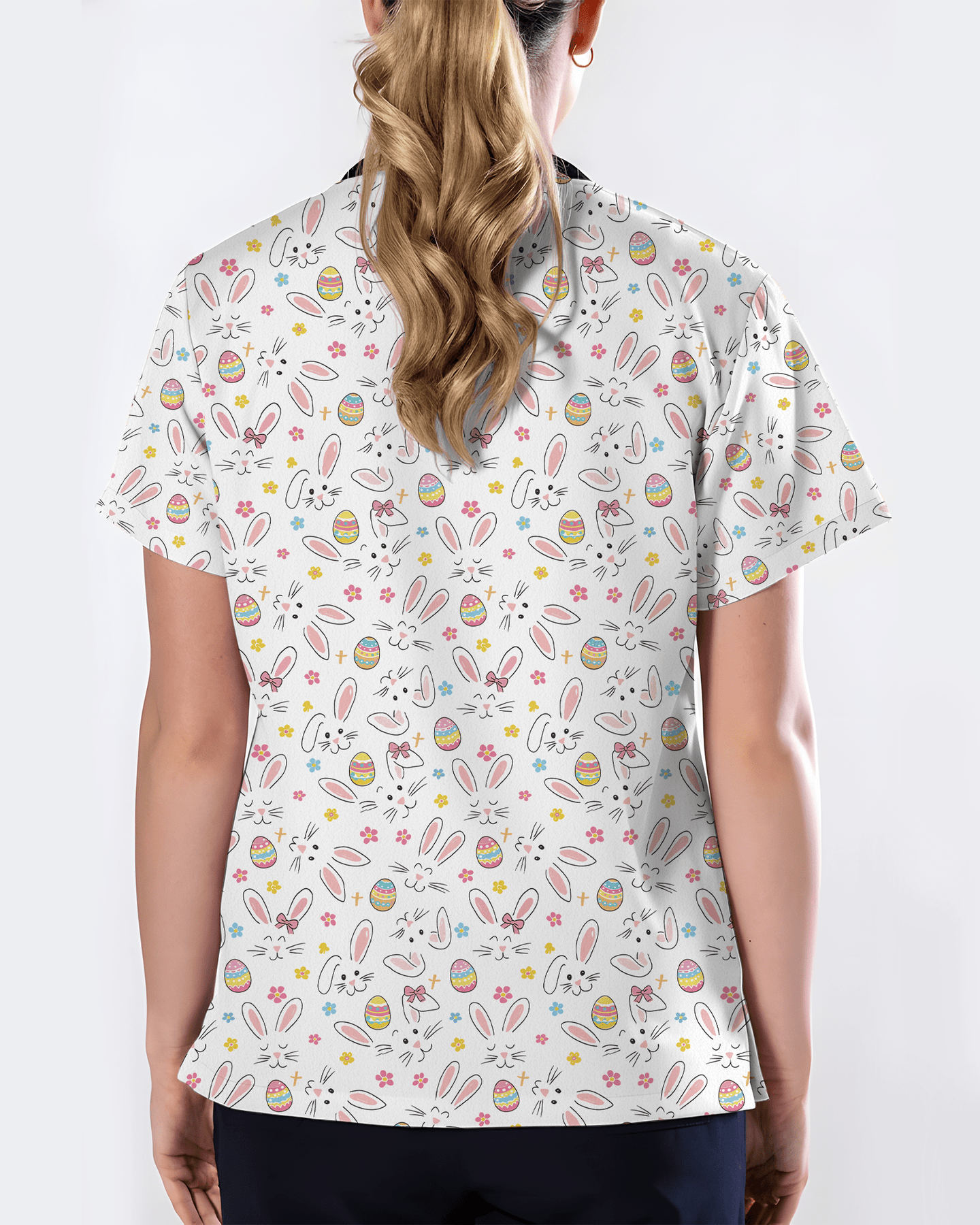 Cute Easter Bunny Doodle Nurse Scrub Top - Scrubloop