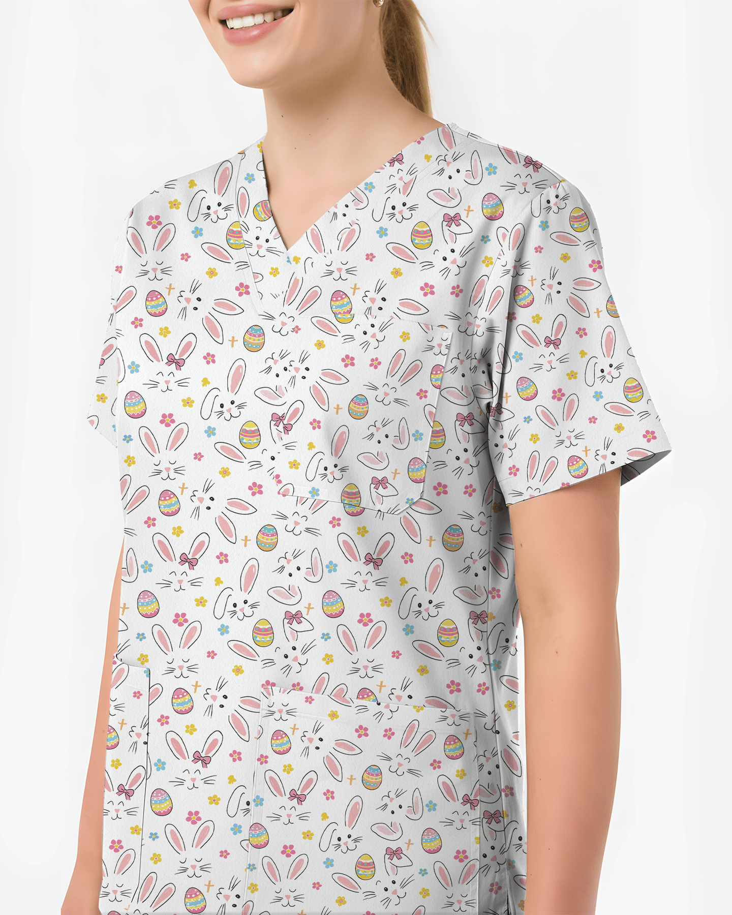 Cute Easter Bunny Doodle Nurse Scrub Top - Scrubloop