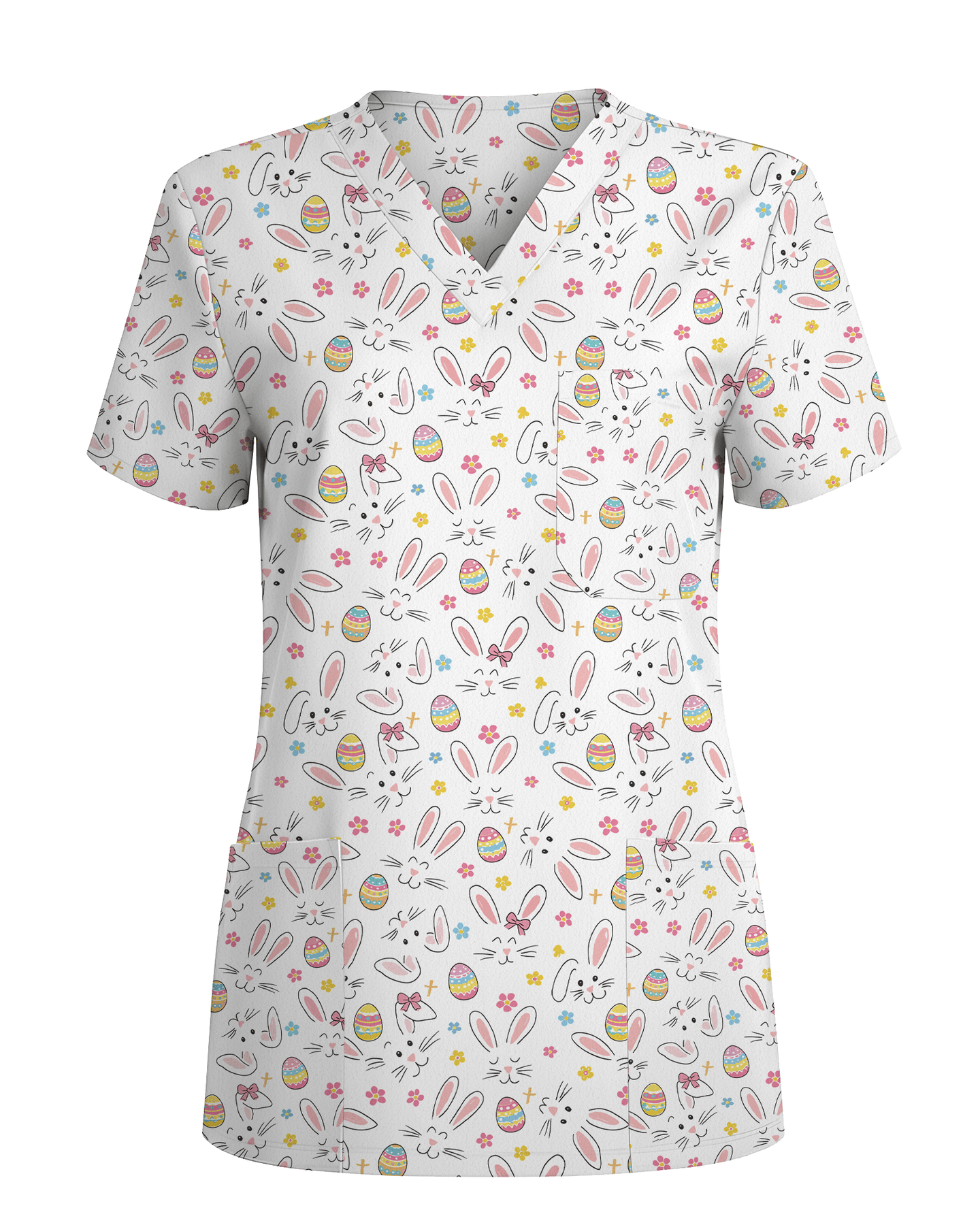 Cute Easter Bunny Doodle Nurse Scrub Top - Scrubloop
