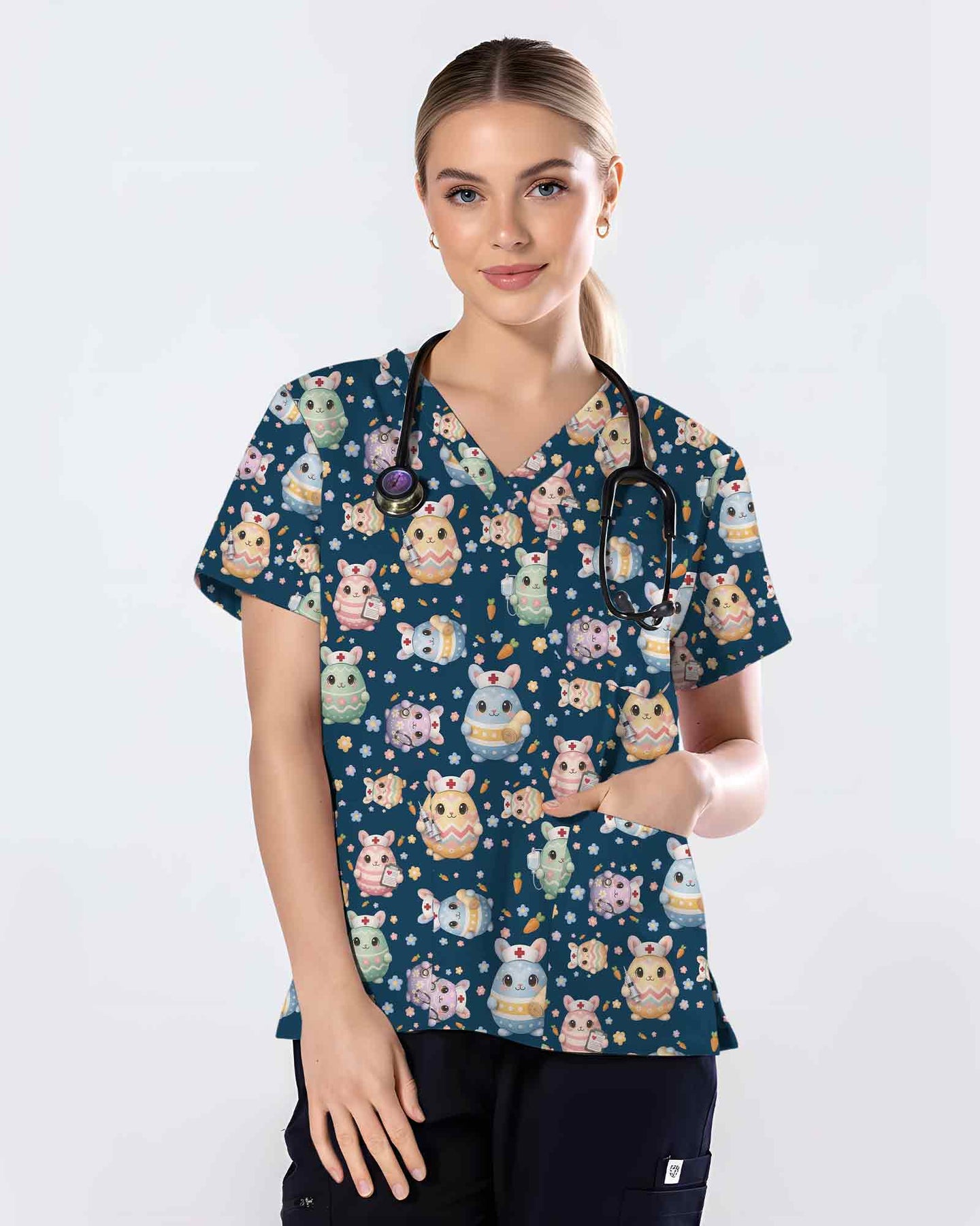 Cute Easter Bunny Egg Nurse Scrub Top - Scrubloop