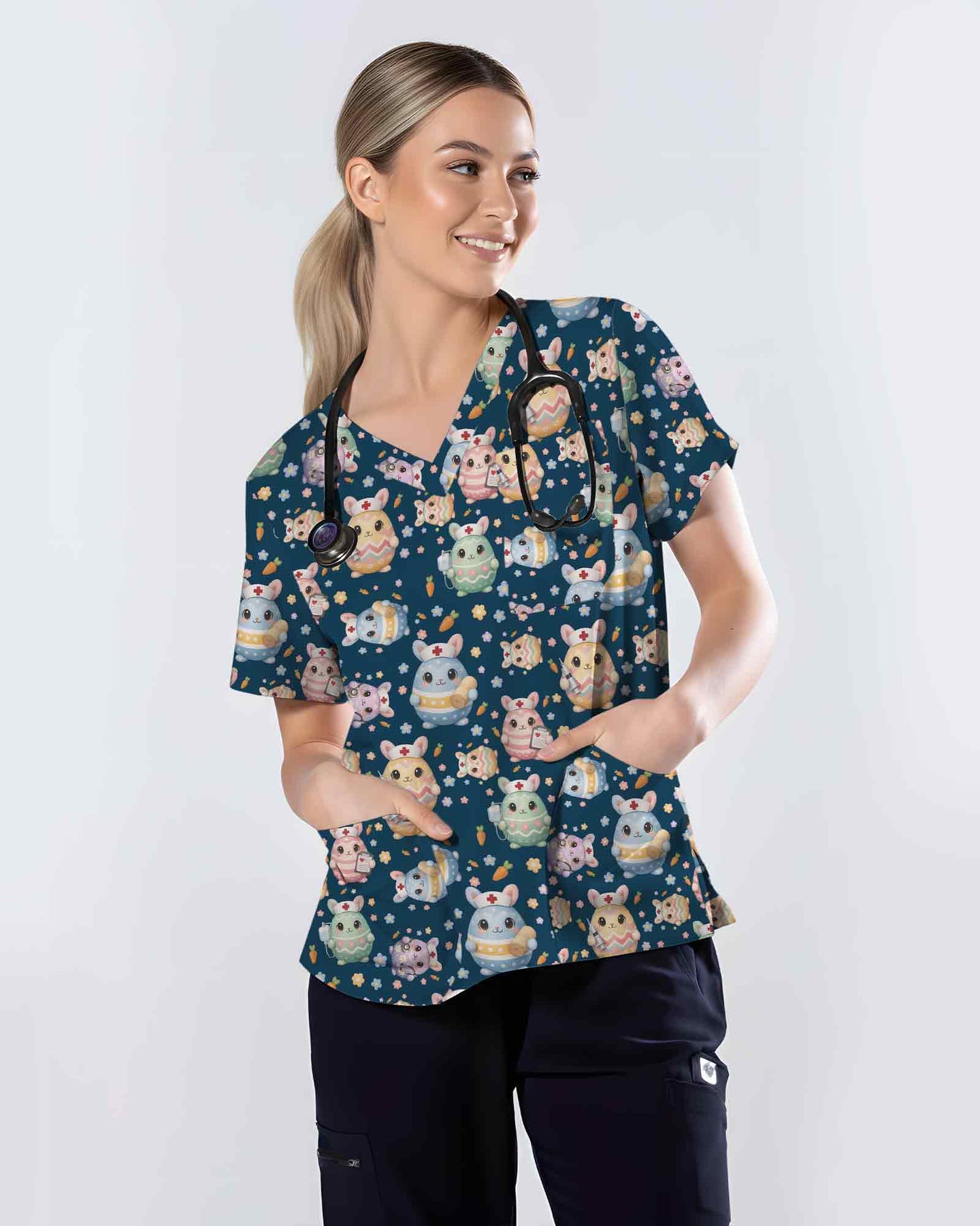 Cute Easter Bunny Egg Nurse Scrub Top - Scrubloop