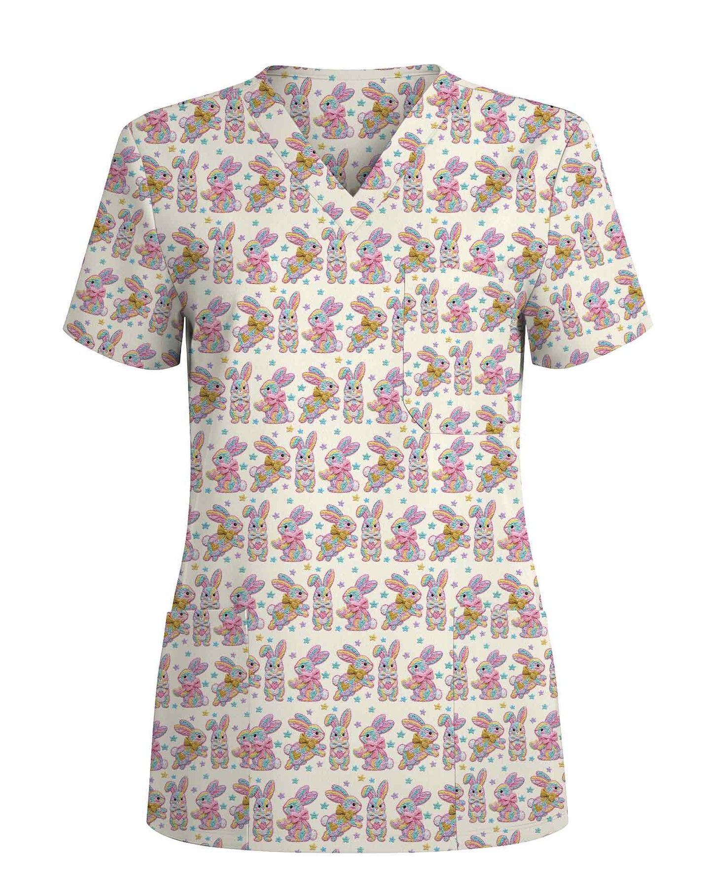 Cute Easter Bunny Pastel Star Nursing Scrub Top - Scrubloop
