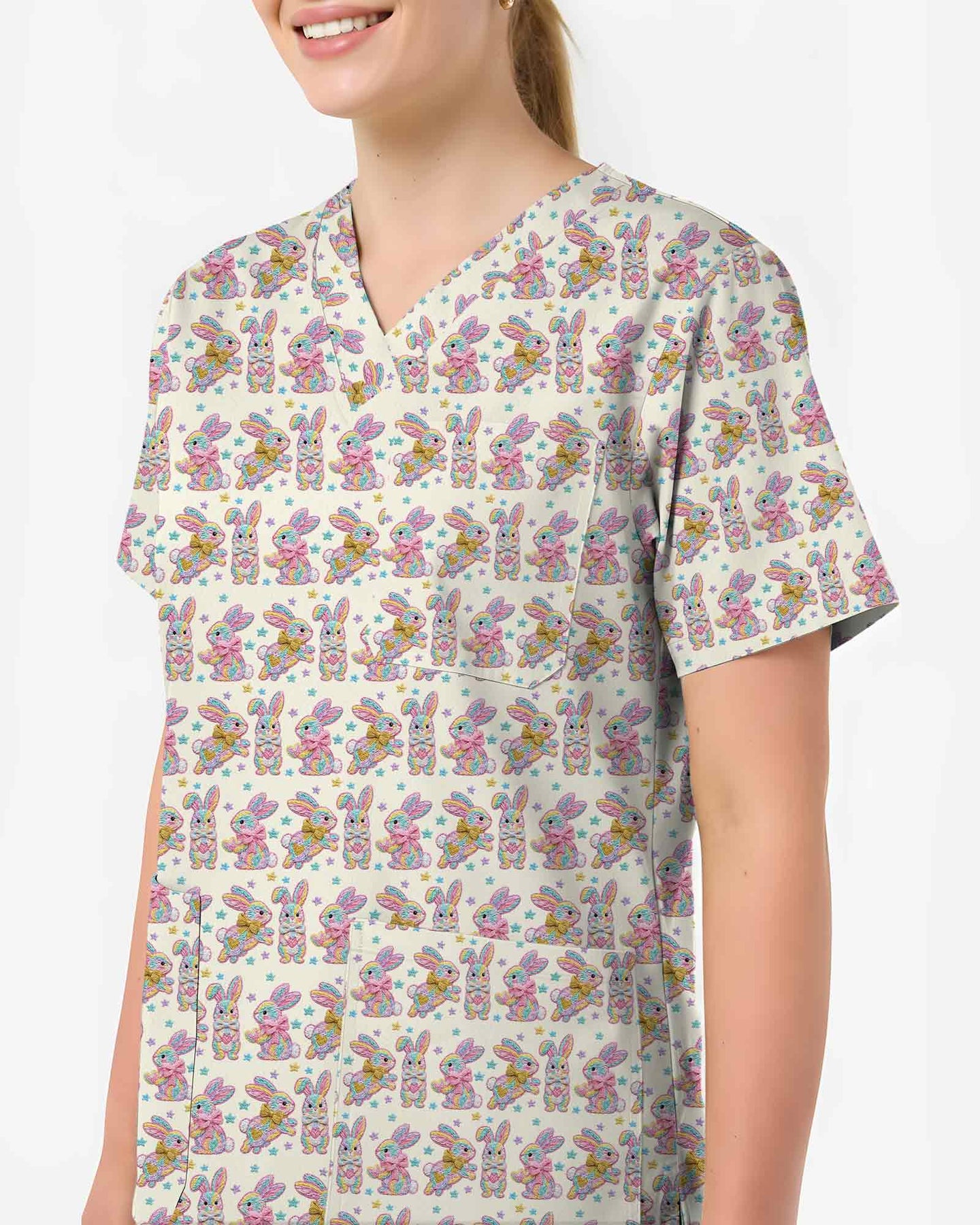 Cute Easter Bunny Pastel Star Nursing Scrub Top - Scrubloop