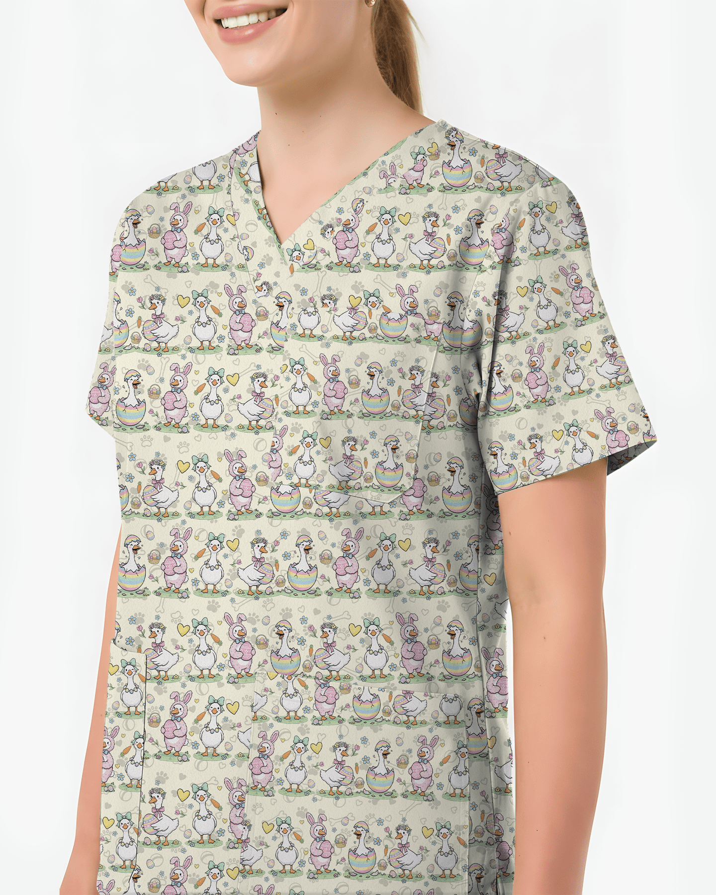 Cute Easter Goose Bunny Suit Nurse Scrub Top - Scrubloop