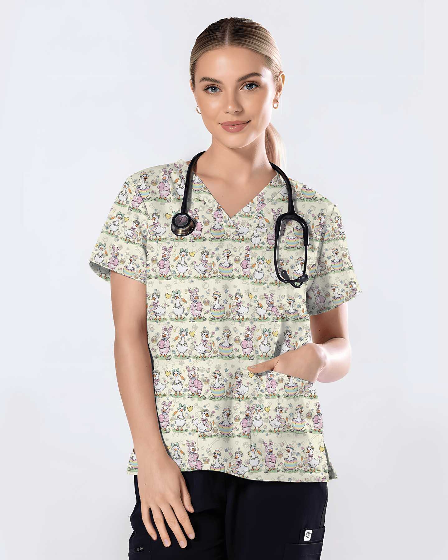 Cute Easter Goose Bunny Suit Nurse Scrub Top - Scrubloop