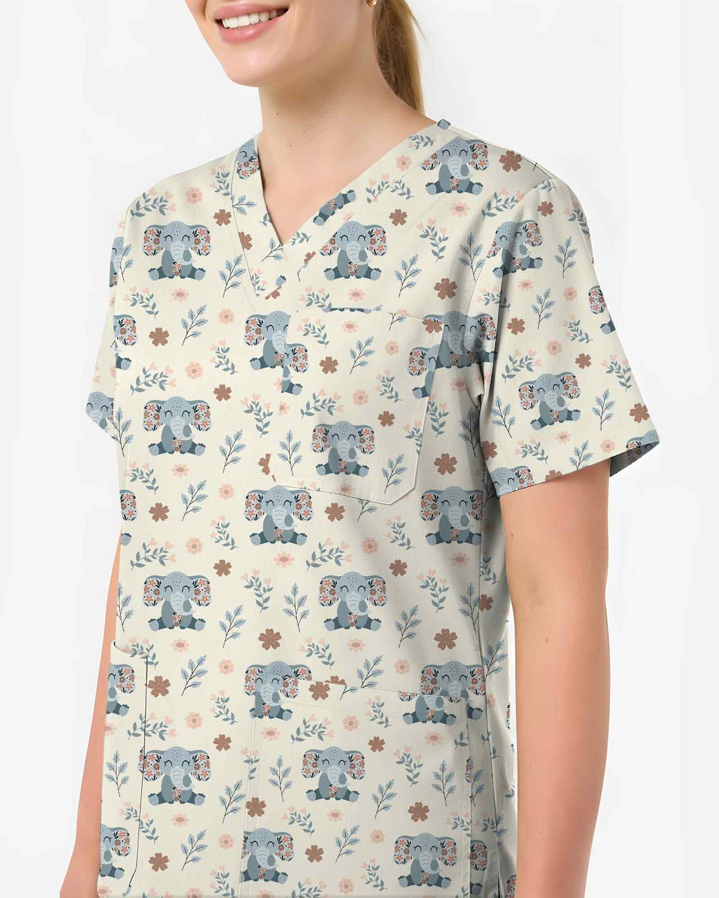 Cute Floral Elephant Medical Scrub Top - Scrubloop