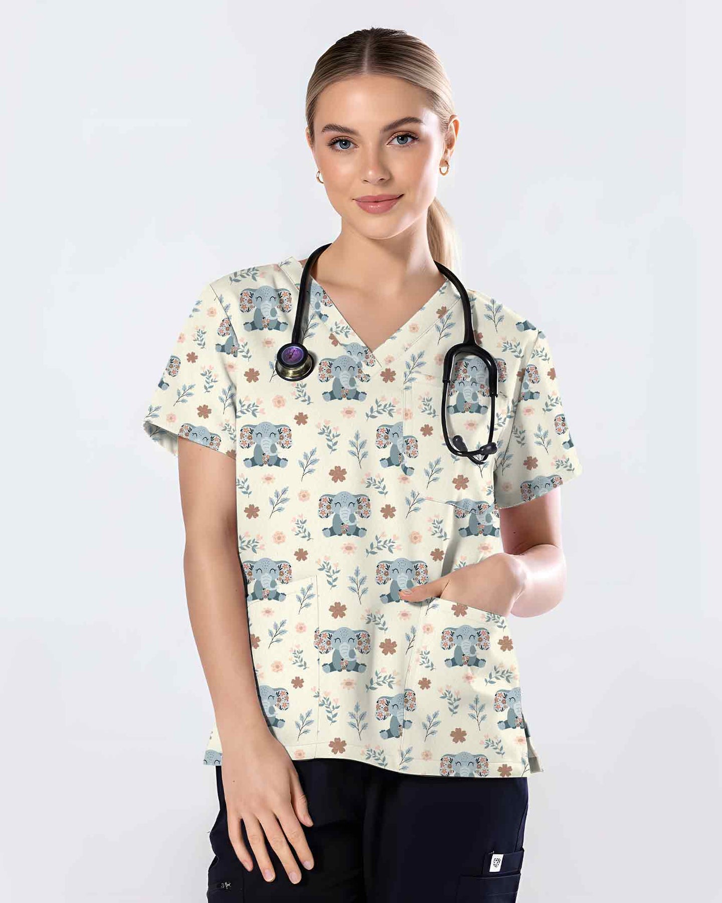 Cute Floral Elephant Medical Scrub Top - Scrubloop