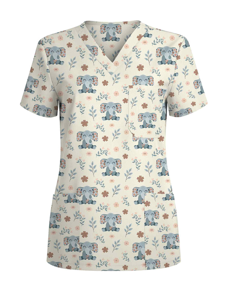 Cute Floral Elephant Medical Scrub Top