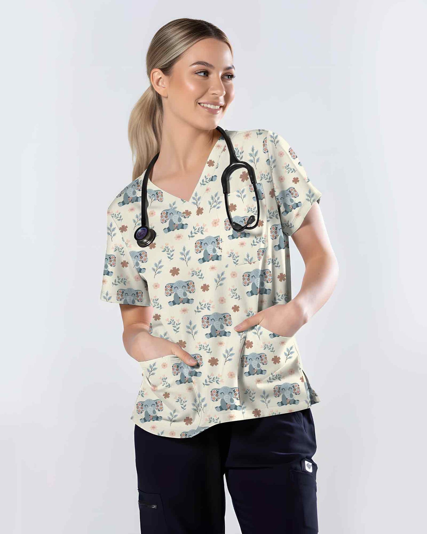 Cute Floral Elephant Medical Scrub Top - Scrubloop