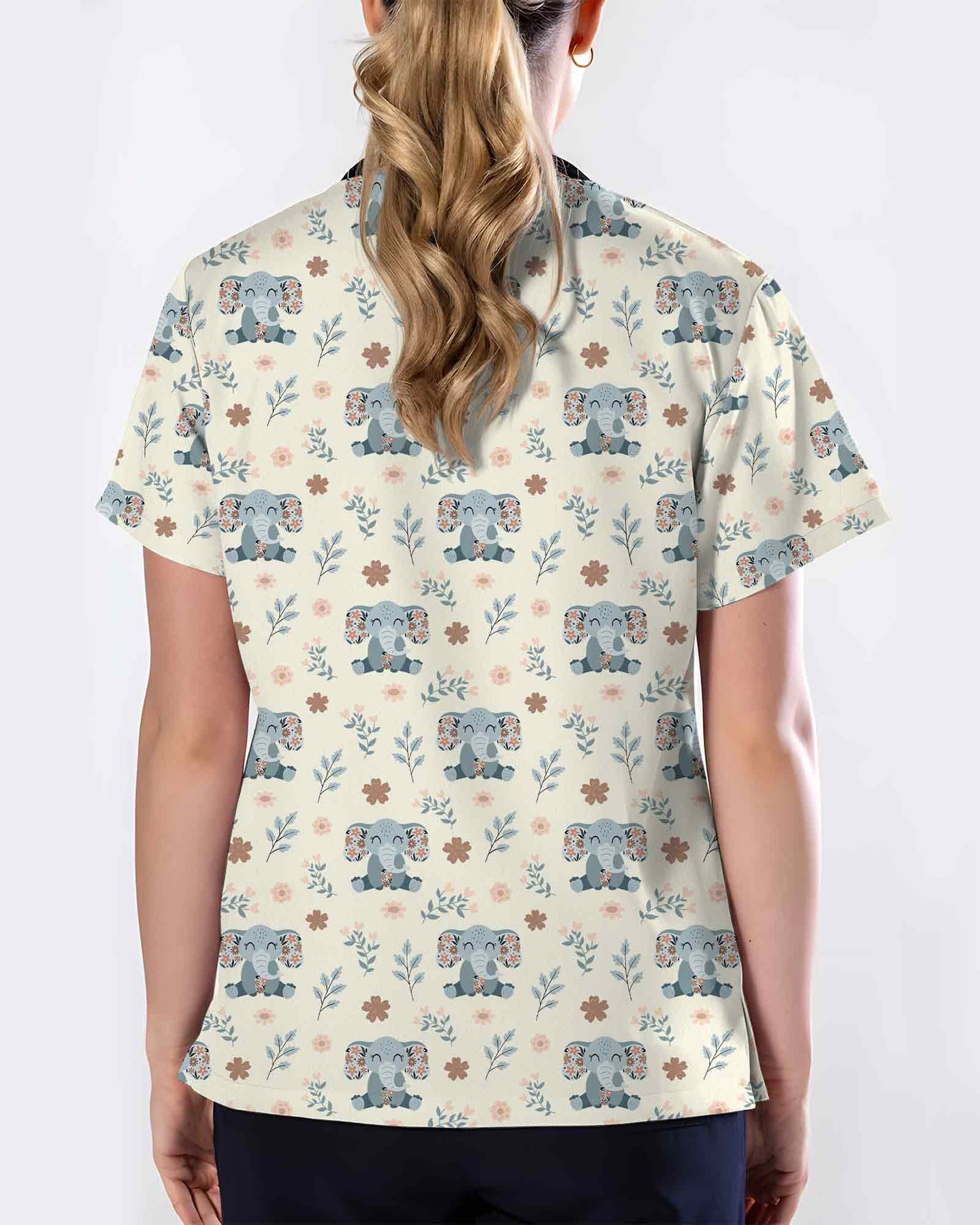 Cute Floral Elephant Medical Scrub Top - Scrubloop
