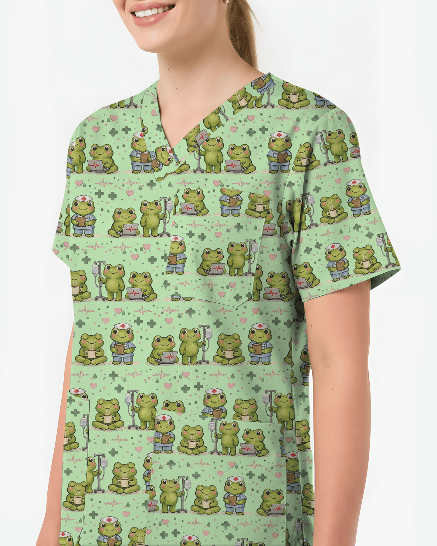 Cute Frog Nurse Life Green Medical Scrub Top - Scrubloop