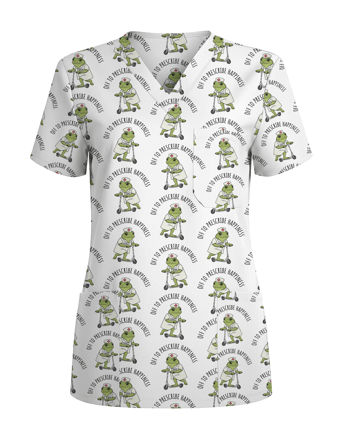 Cute Frog Riding Scooter Medical Scrub Top - Scrubloop