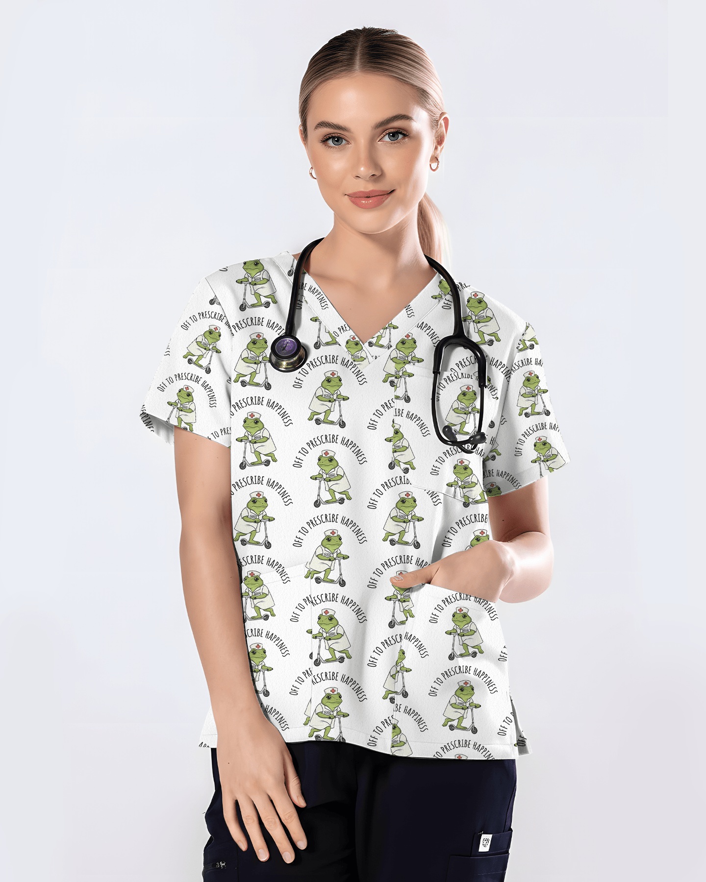 Cute Frog Riding Scooter Medical Scrub Top - Scrubloop