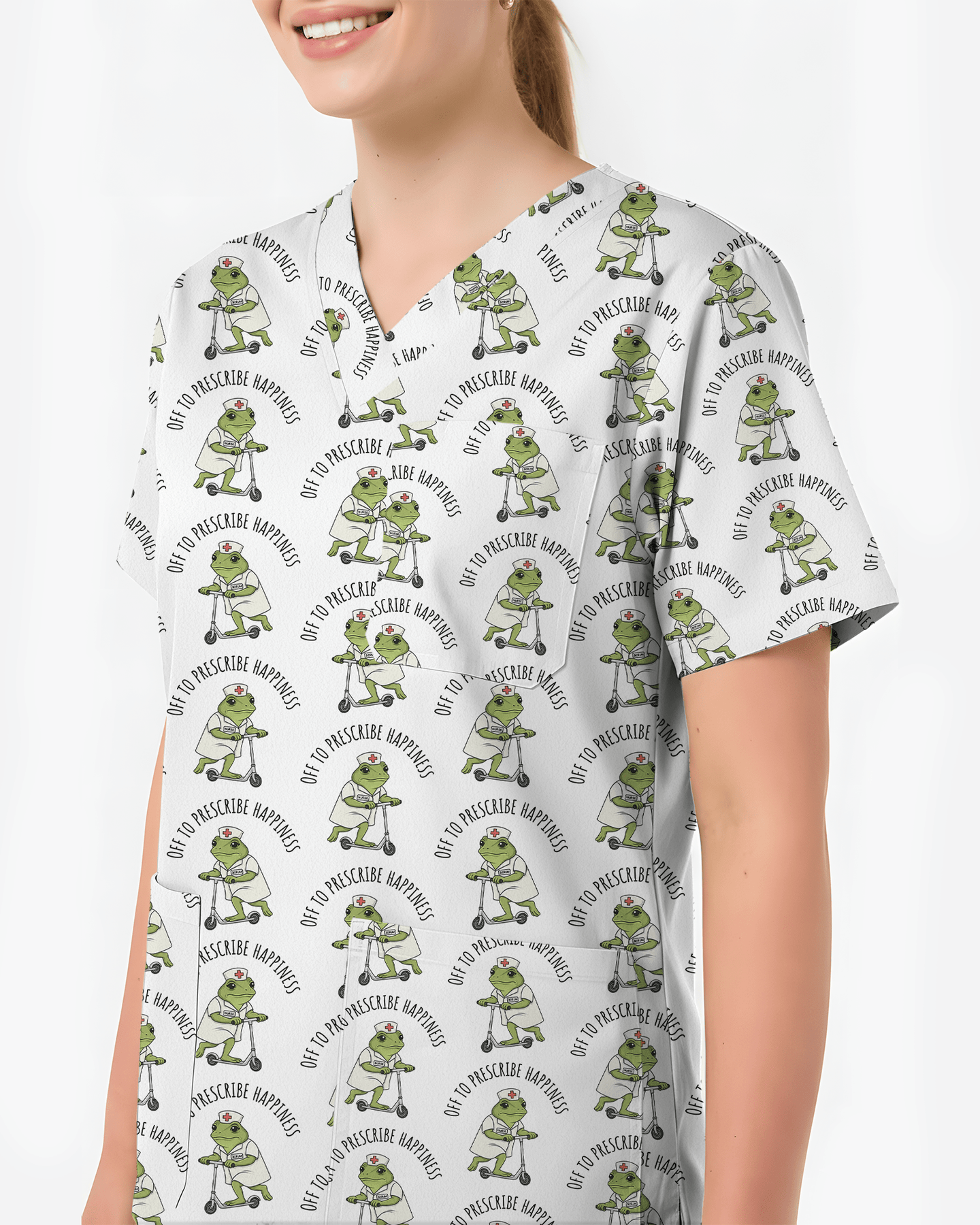 Cute Frog Riding Scooter Medical Scrub Top - Scrubloop