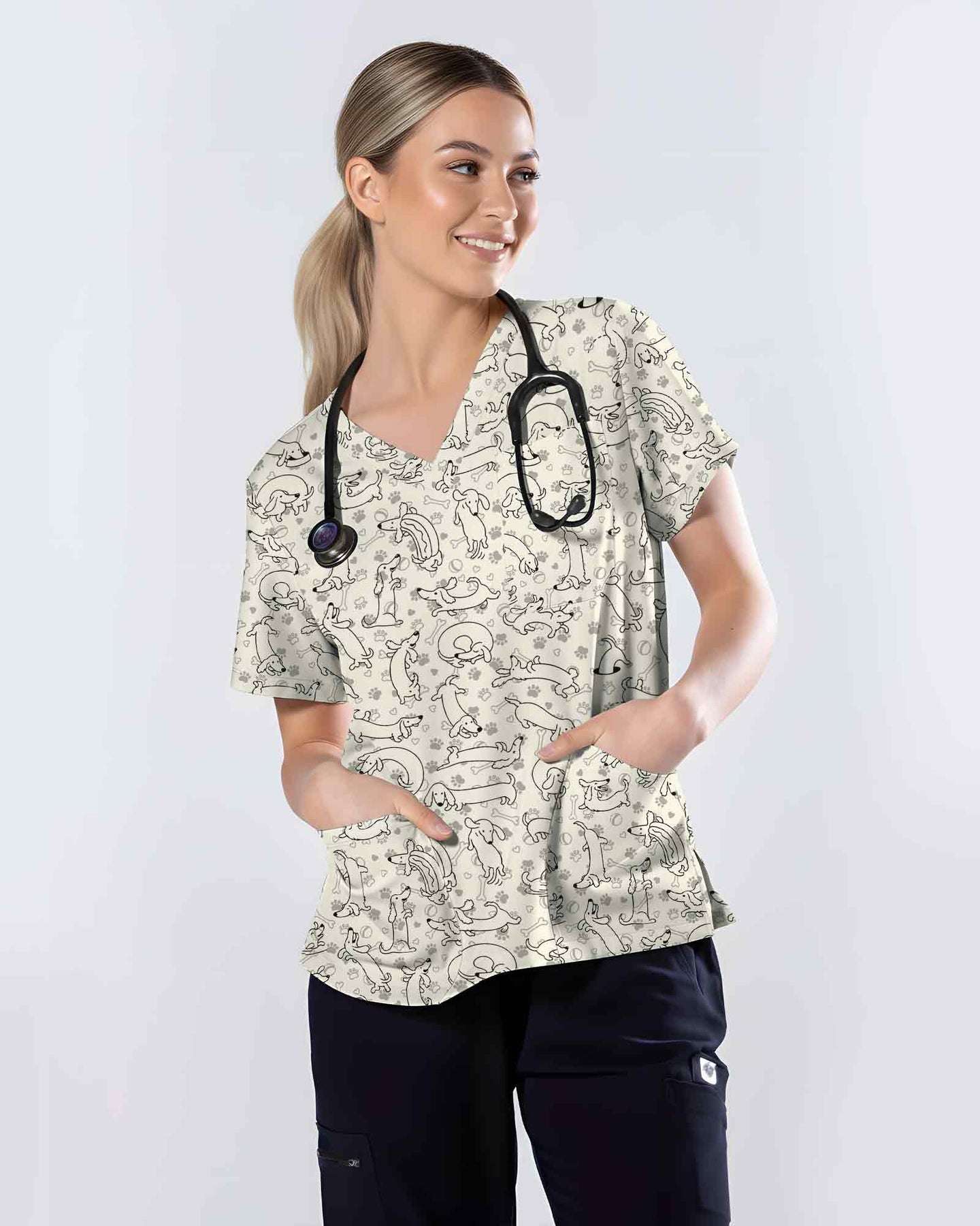 Cute Funny Dachshund Wiener Dog Nursing Scrub Top - Scrubloop